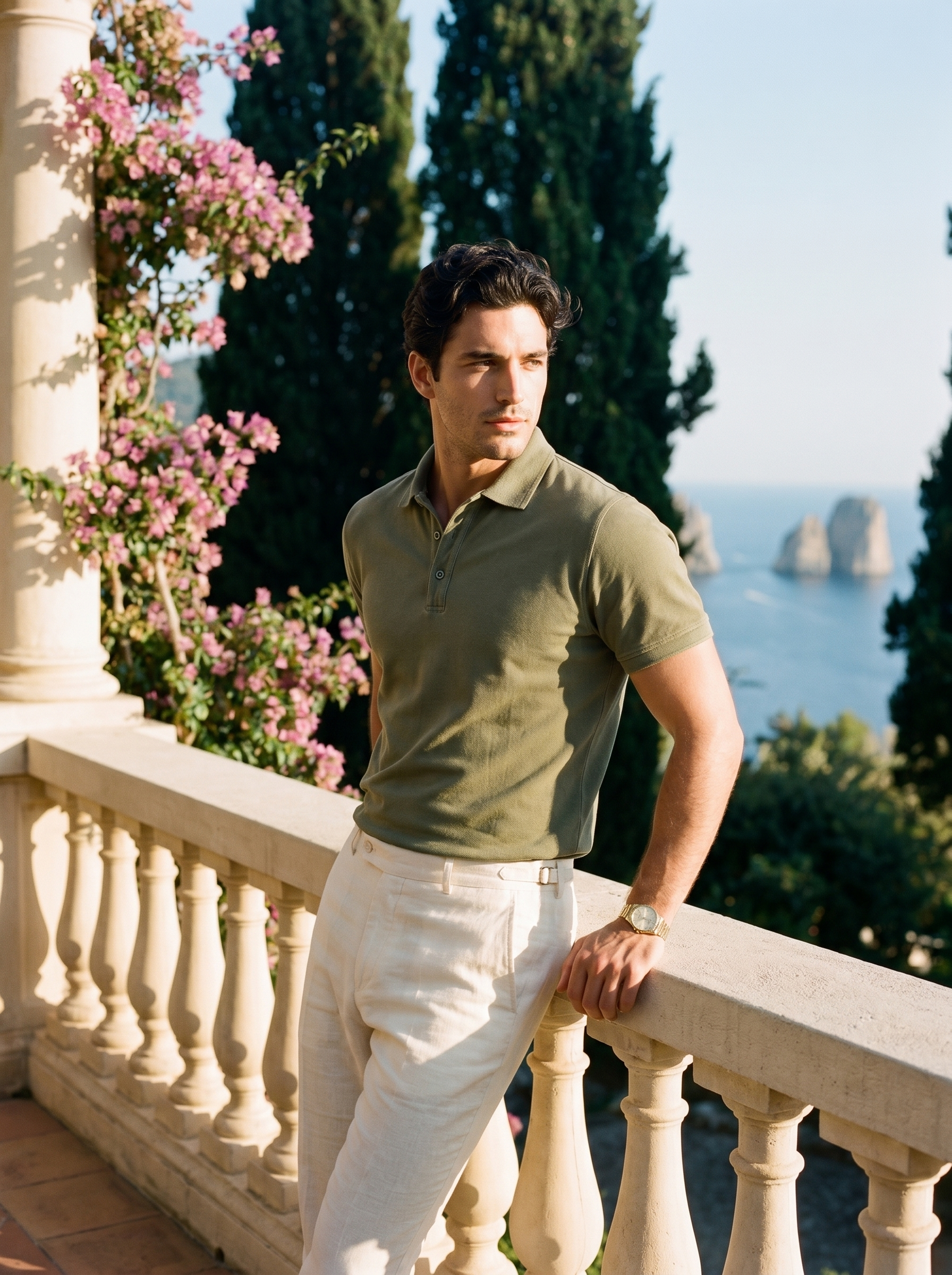 Henri by Aveloire — Men's olive green textured polo shirt, hero portrait on Italian Riviera terrace