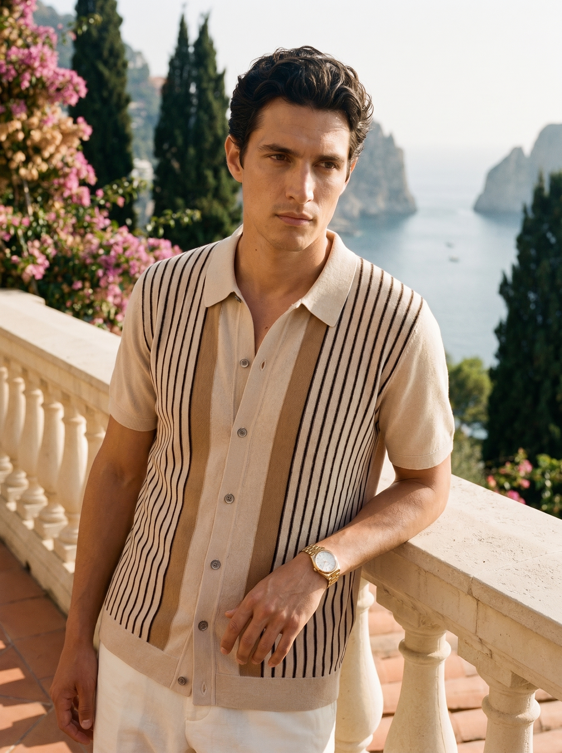 Lucien striped full-button knit polo in beige - hero lifestyle on Italian Riviera terrace