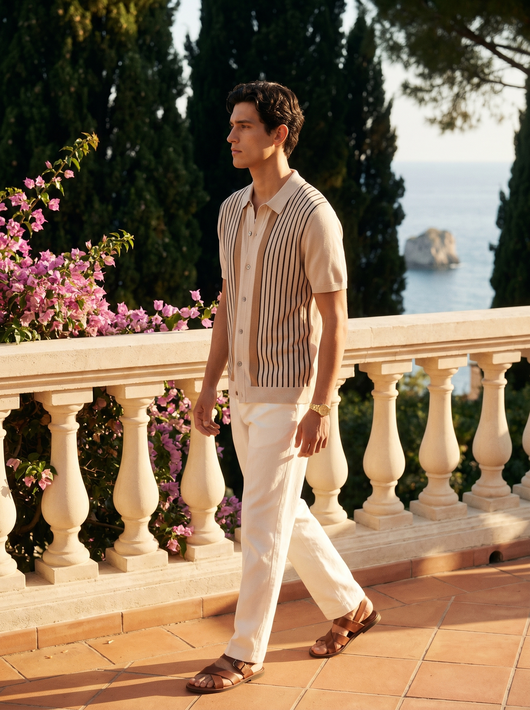 Lucien striped full-button knit polo in beige - side profile