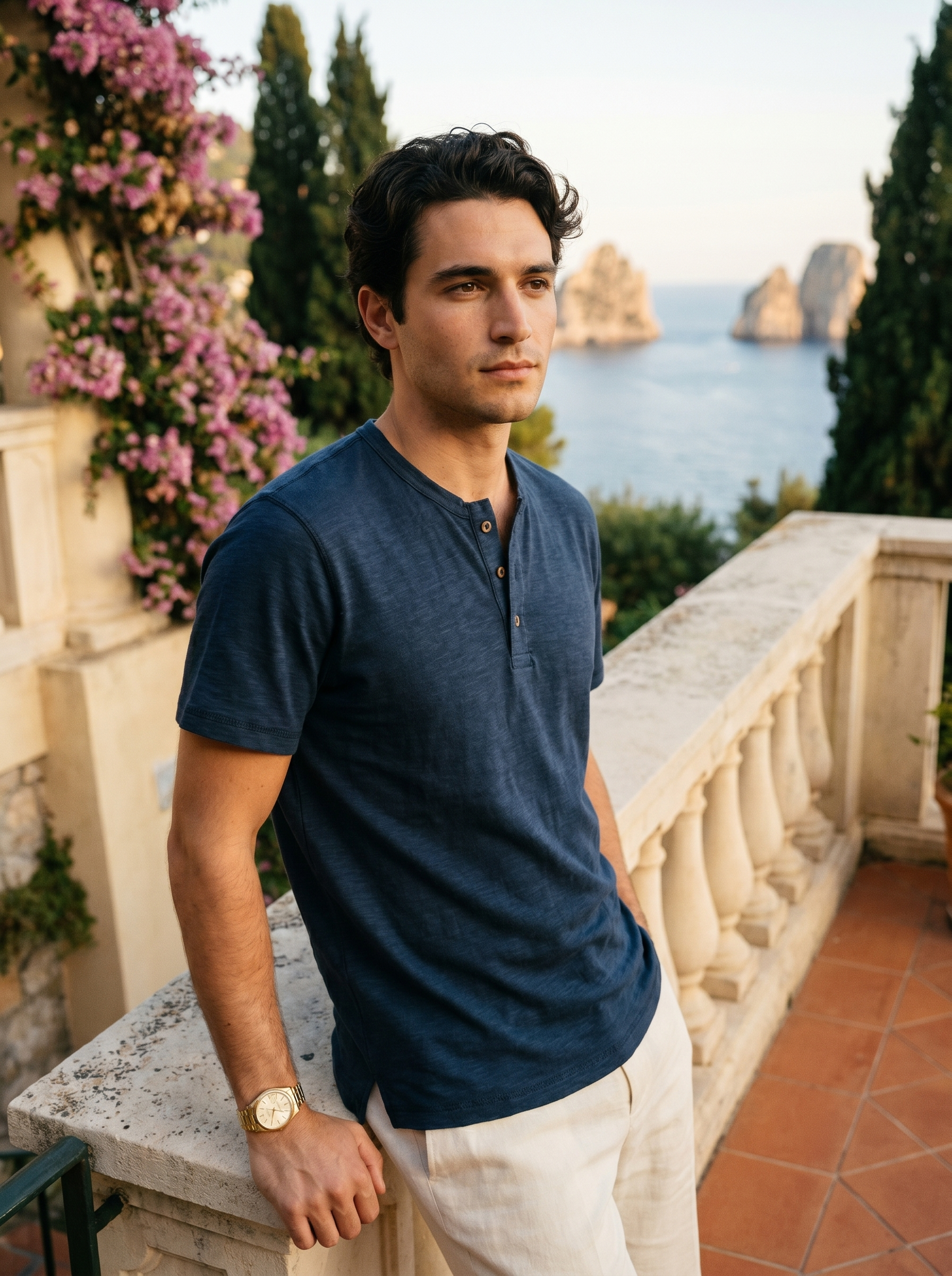 Aveloire Léopold Slub Cotton Henley in Midnight Navy — Italian Riviera editorial hero