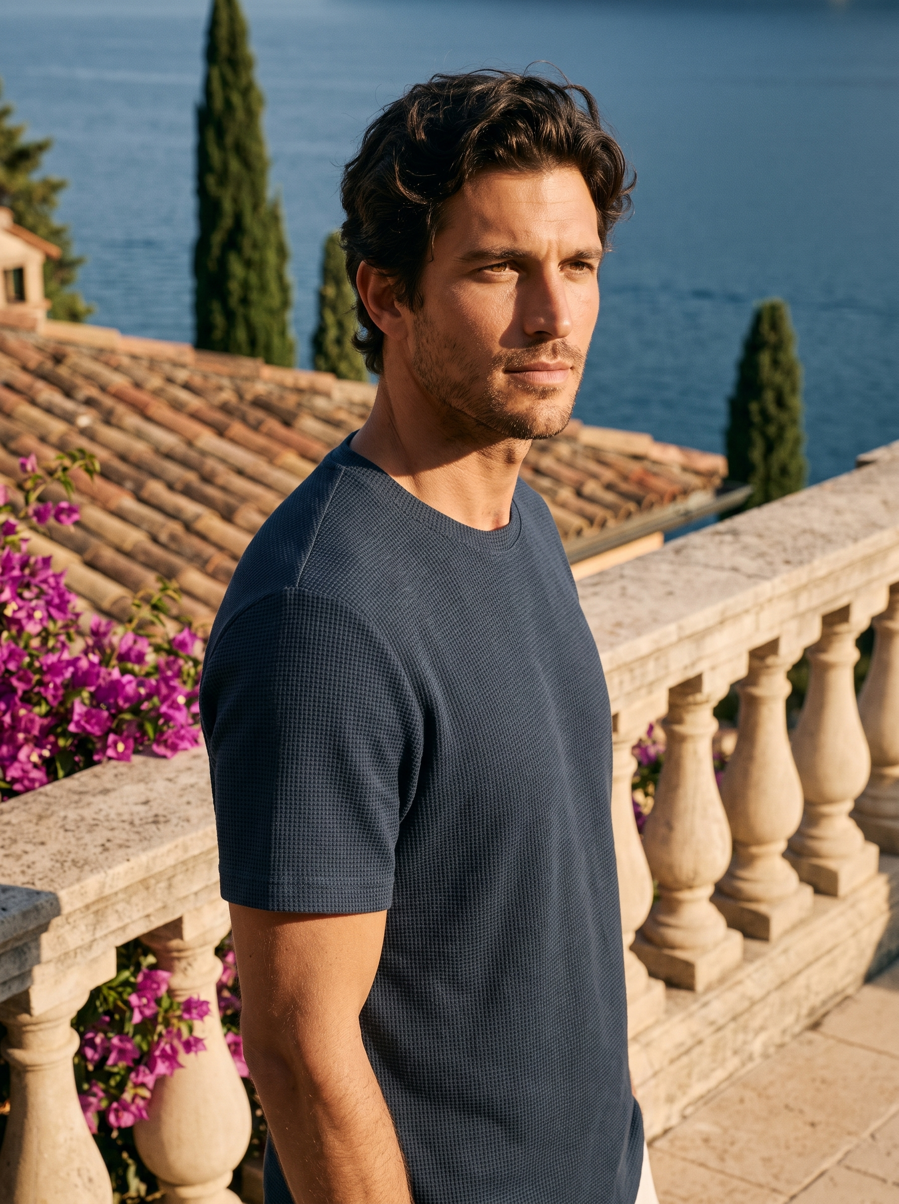 Man wearing a navy waffle knit tee on a balcony overlooking Lake Como, old money style — Aveloire