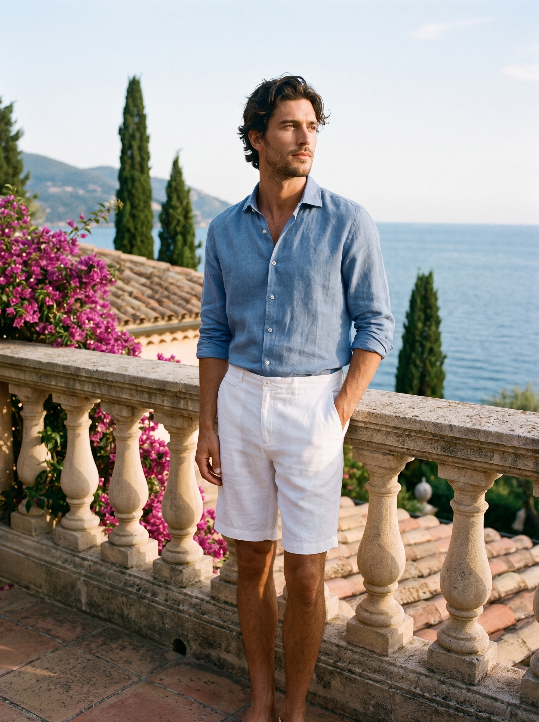 Man wearing white tailored linen shorts on a terrace overlooking Lake Como, old money summer style — Aveloire