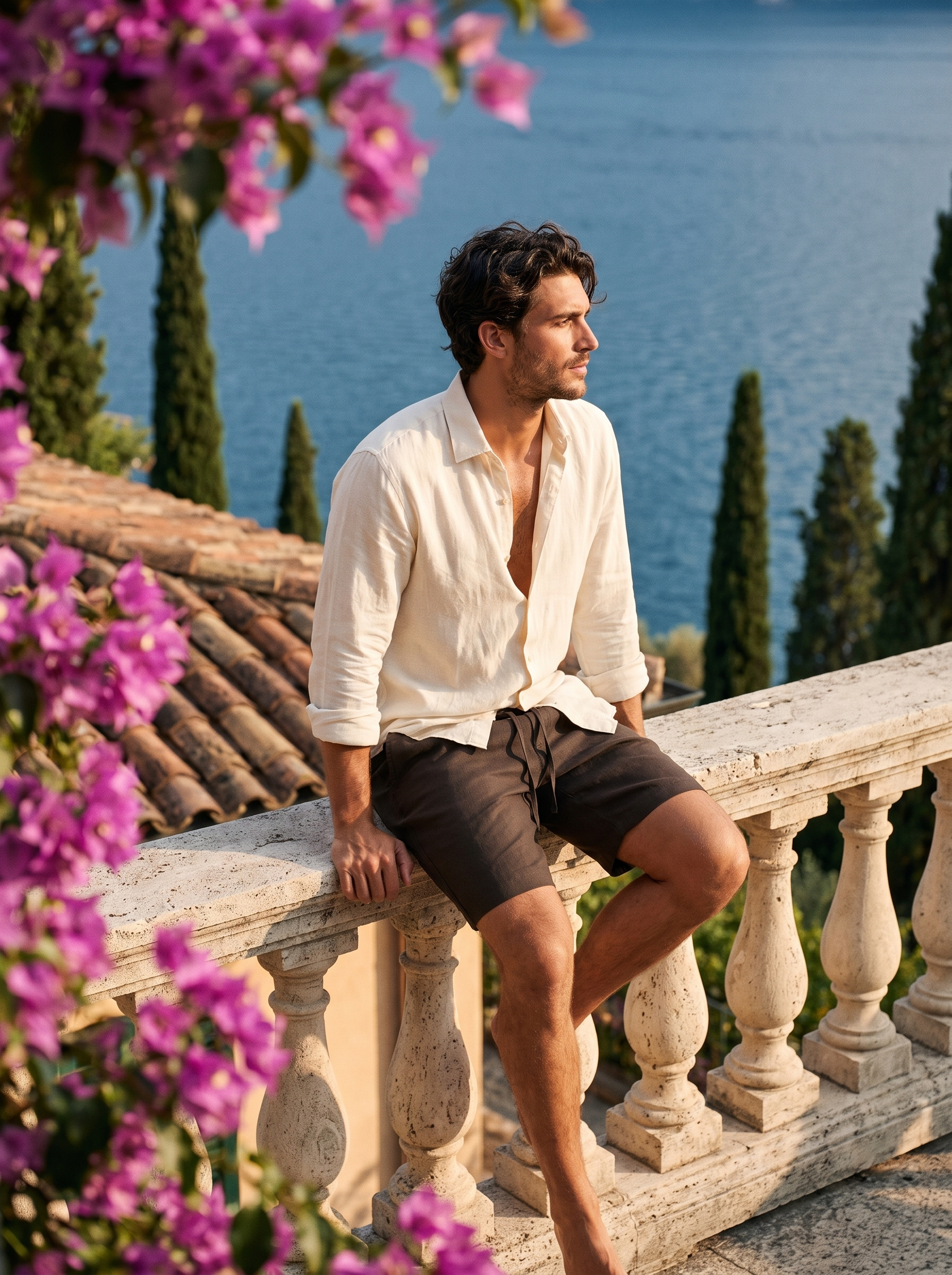 Man seated on a balustrade in chestnut brown linen drawstring shorts at Lake Como, old money lifestyle — Aveloire