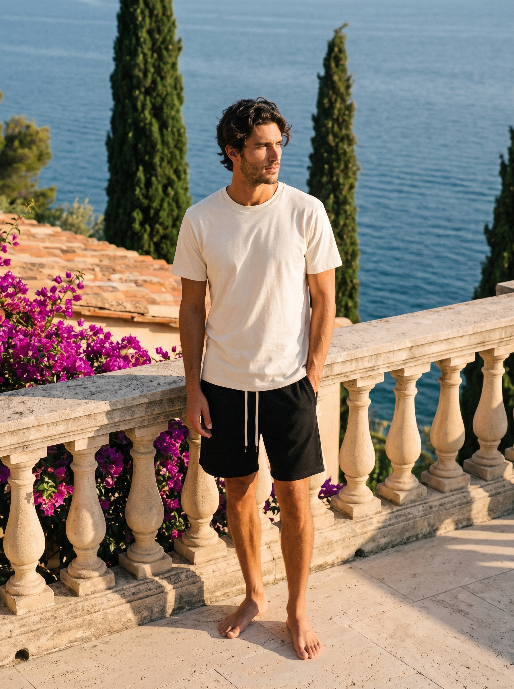 Man wearing black brushed drawstring shorts on a terrace overlooking Lake Como, old money summer style — Aveloire