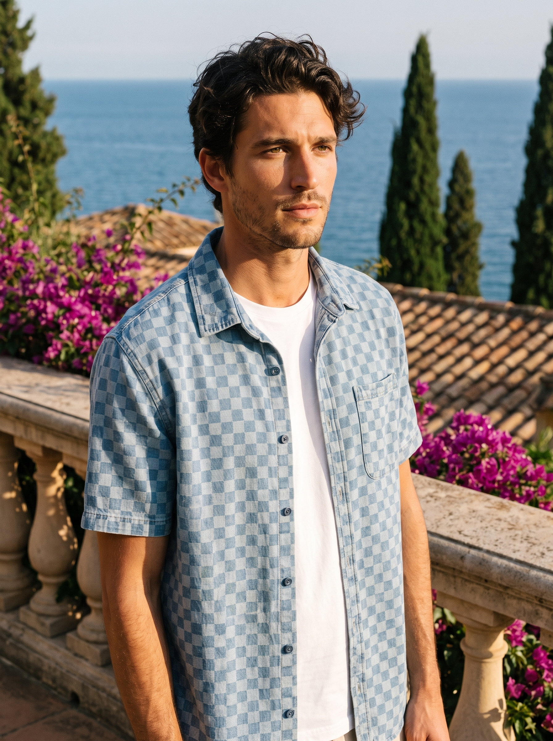 Man wearing a sky blue checkerboard denim shirt on a balcony overlooking Lake Como, old money style — Aveloire