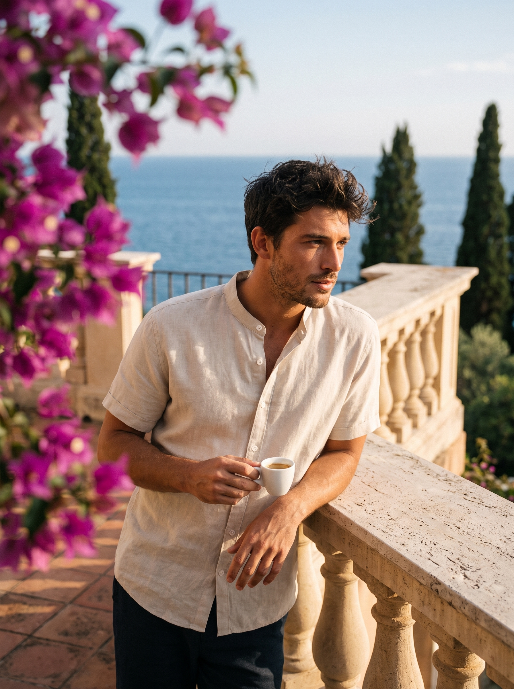 Man in an ivory band-collar linen shirt with an espresso on a Lake Como terrace, old money lifestyle — Aveloire