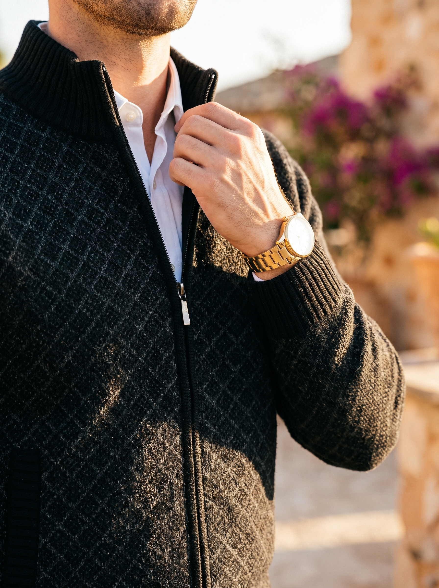 Stand collar and zip detail of a black jacquard knit cardigan with gold watch — Aveloire