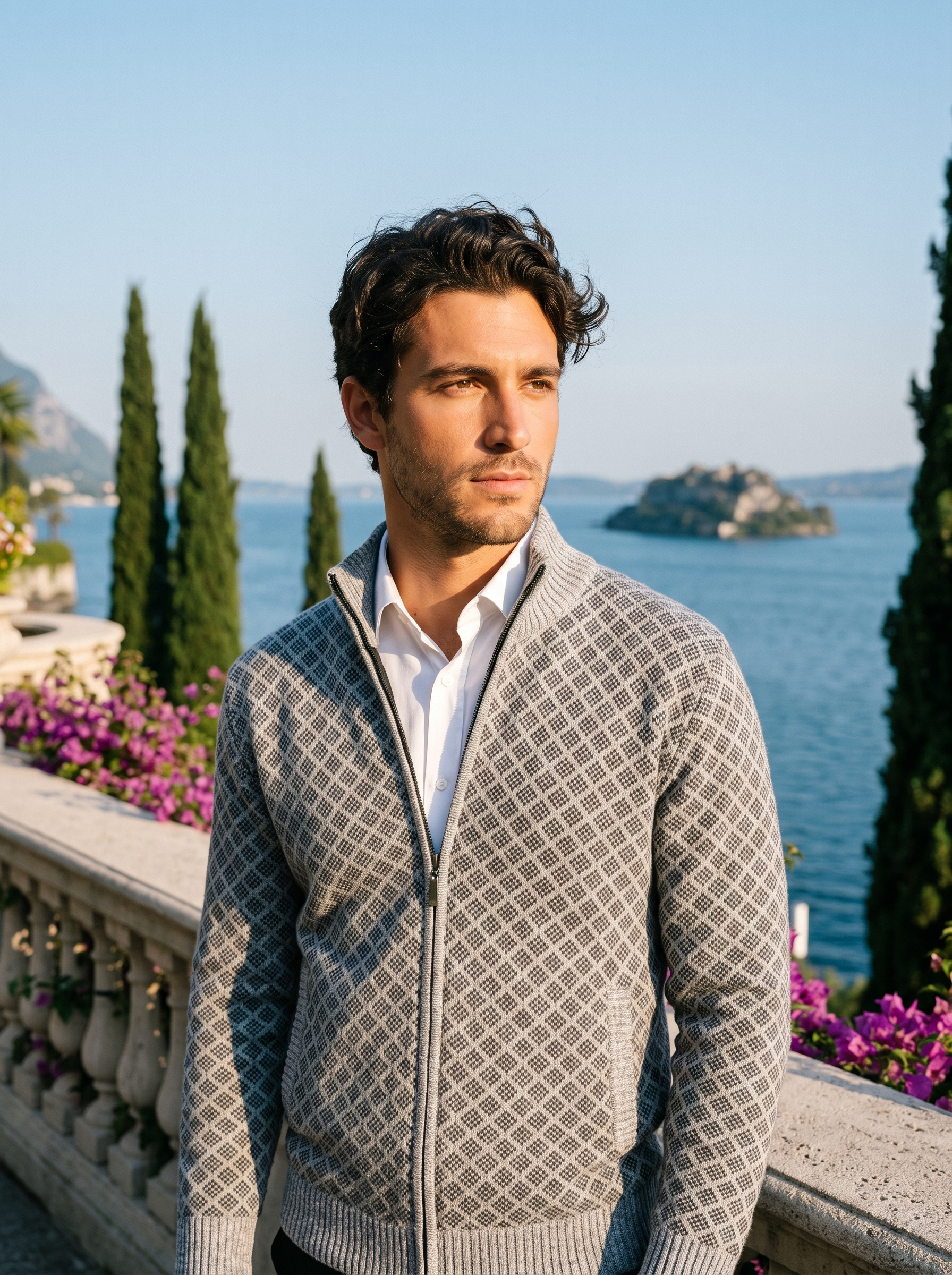 Man wearing a light gray full-zip stand collar cardigan on a terrace overlooking Lake Como, old money style — Aveloire