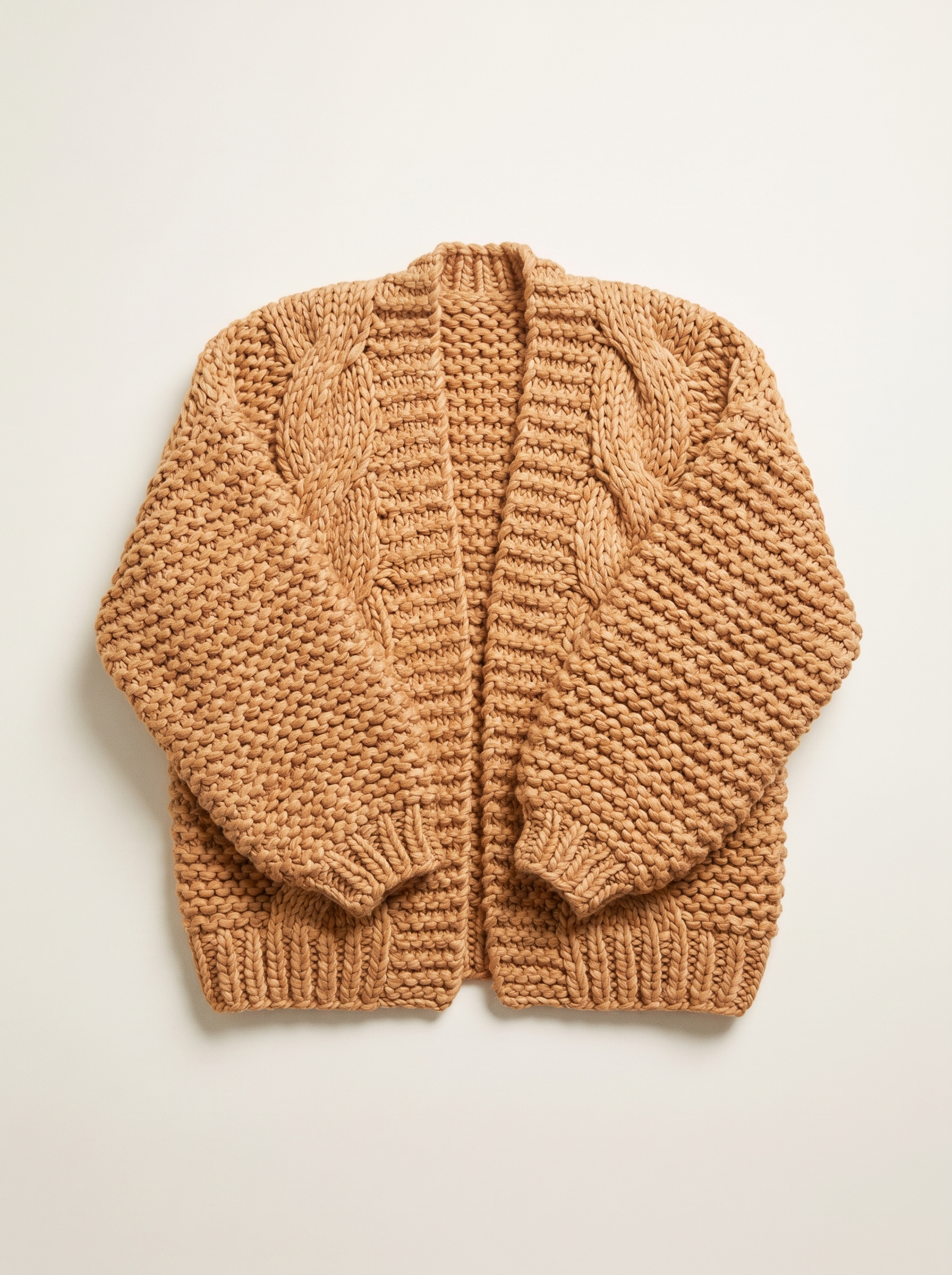 Camel chunky knit open-front cardigan flat lay product photo — Aveloire