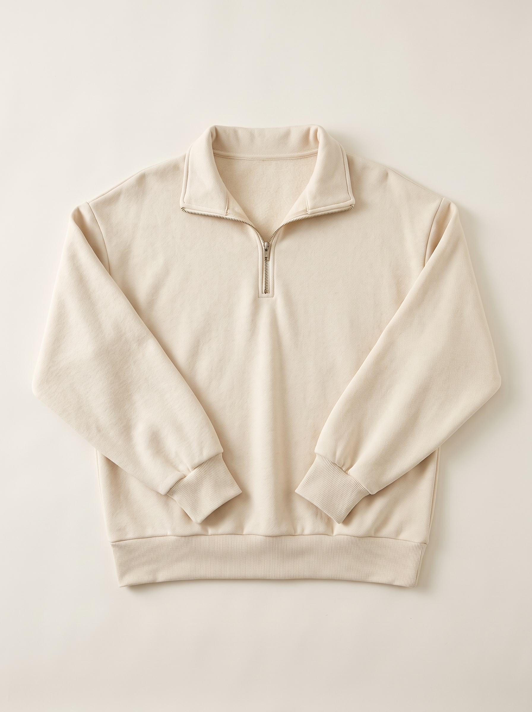 Cream half-zip oversized sweatshirt flat lay product photo — Aveloire