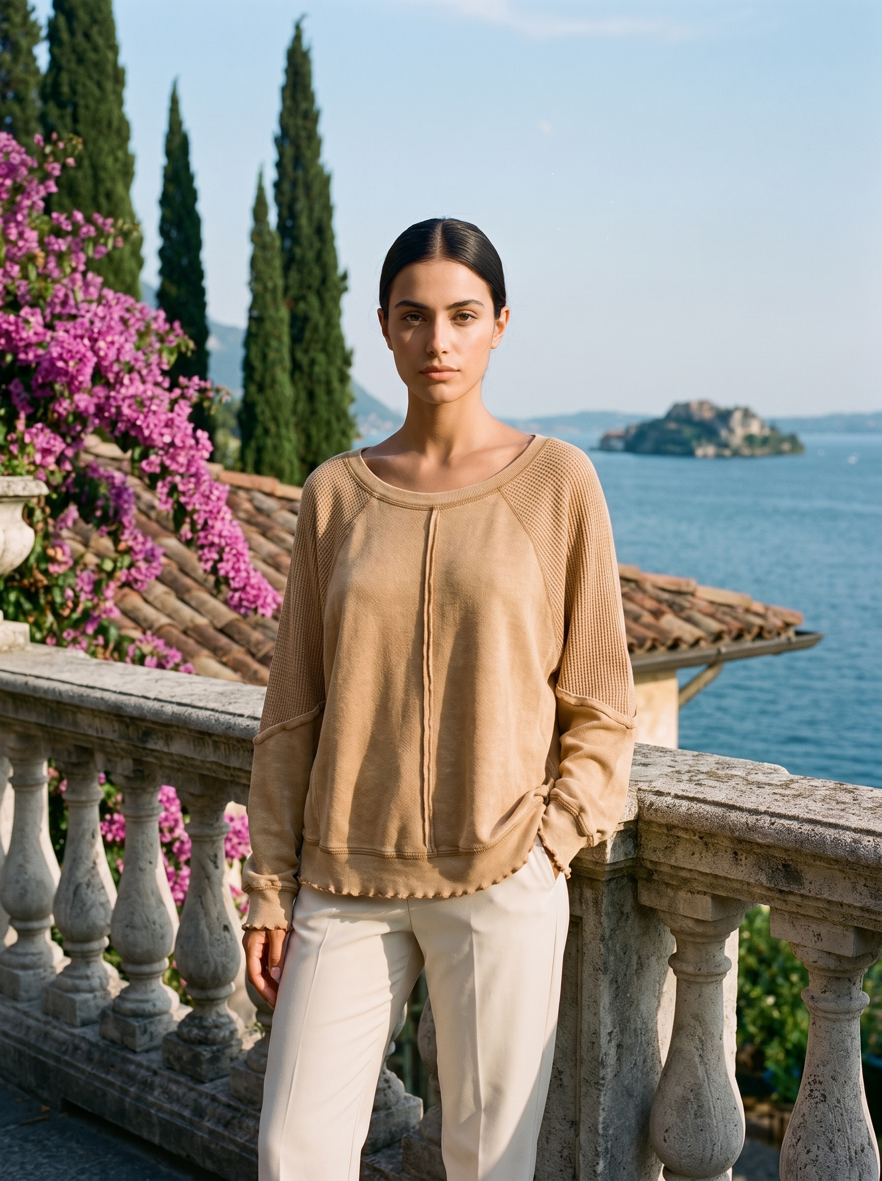 Full-length view of a camel waffle-panel top on a Lake Como terrace — Aveloire