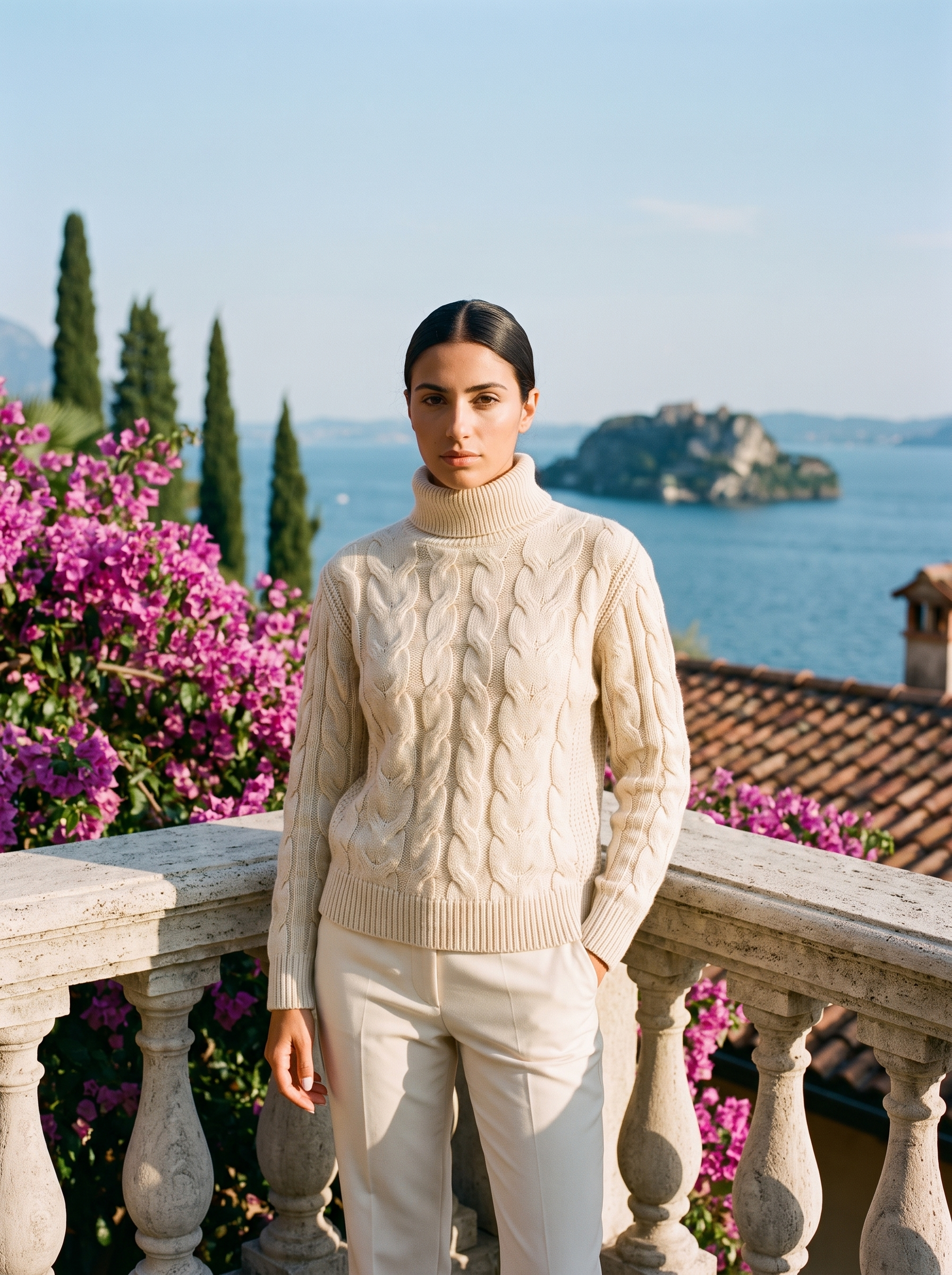 Full-length view of a cream cable-knit turtleneck sweater on a Lake Como terrace — Aveloire