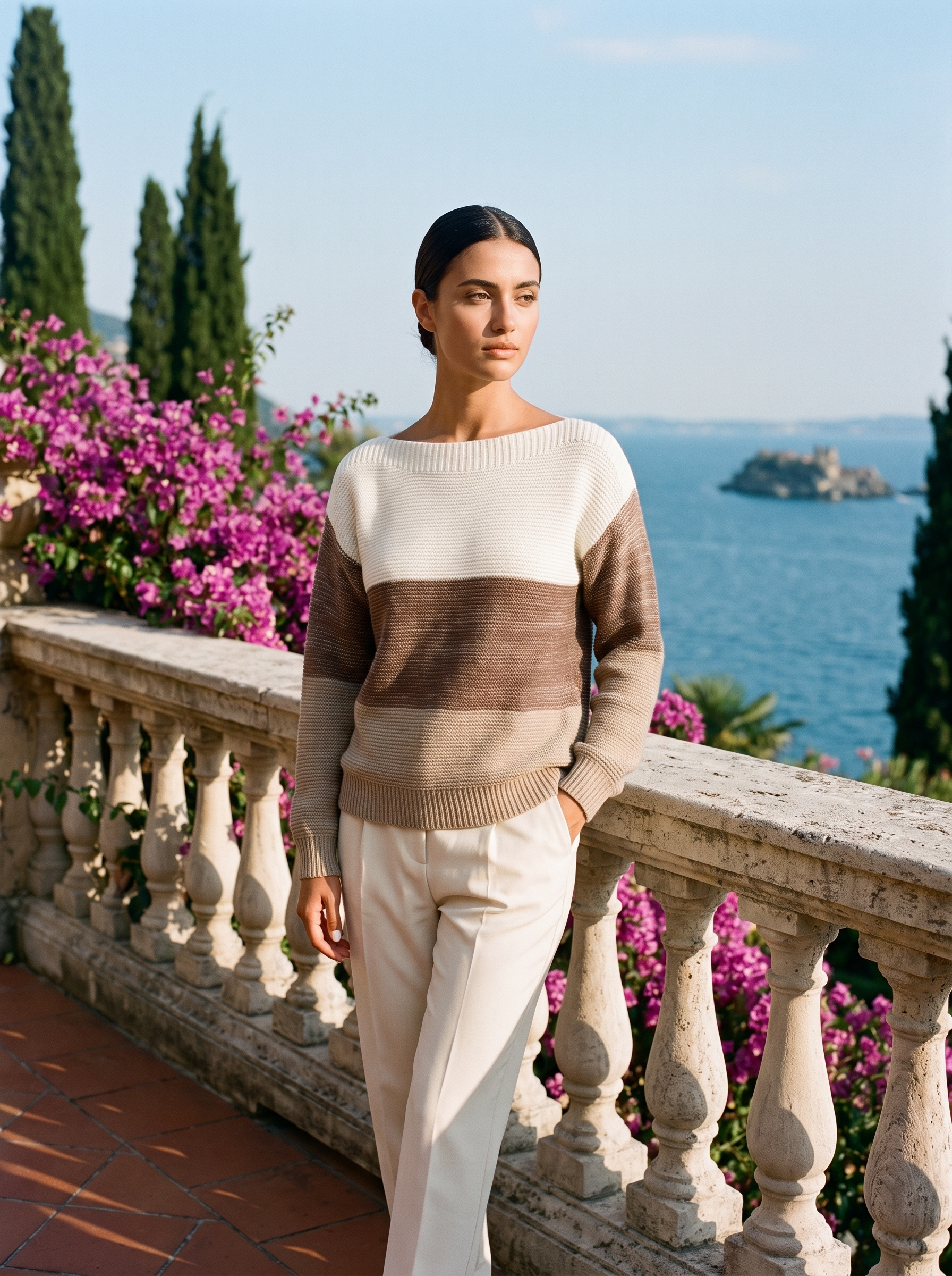 Full-length view of a cream and mocha colour-block boat neck sweater on a Lake Como terrace — Aveloire