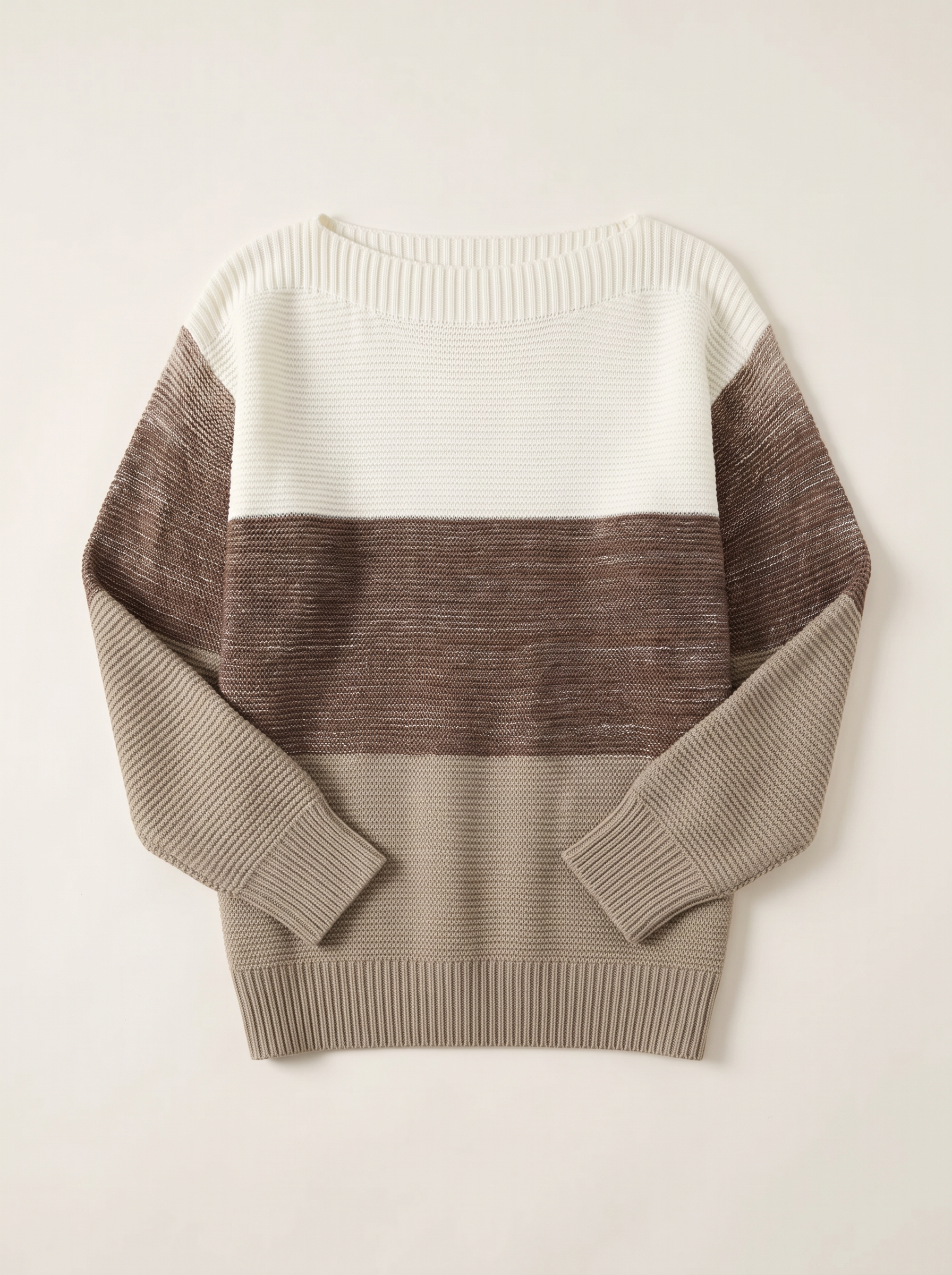 Cream and mocha colour-block boat neck sweater flat lay product photo — Aveloire