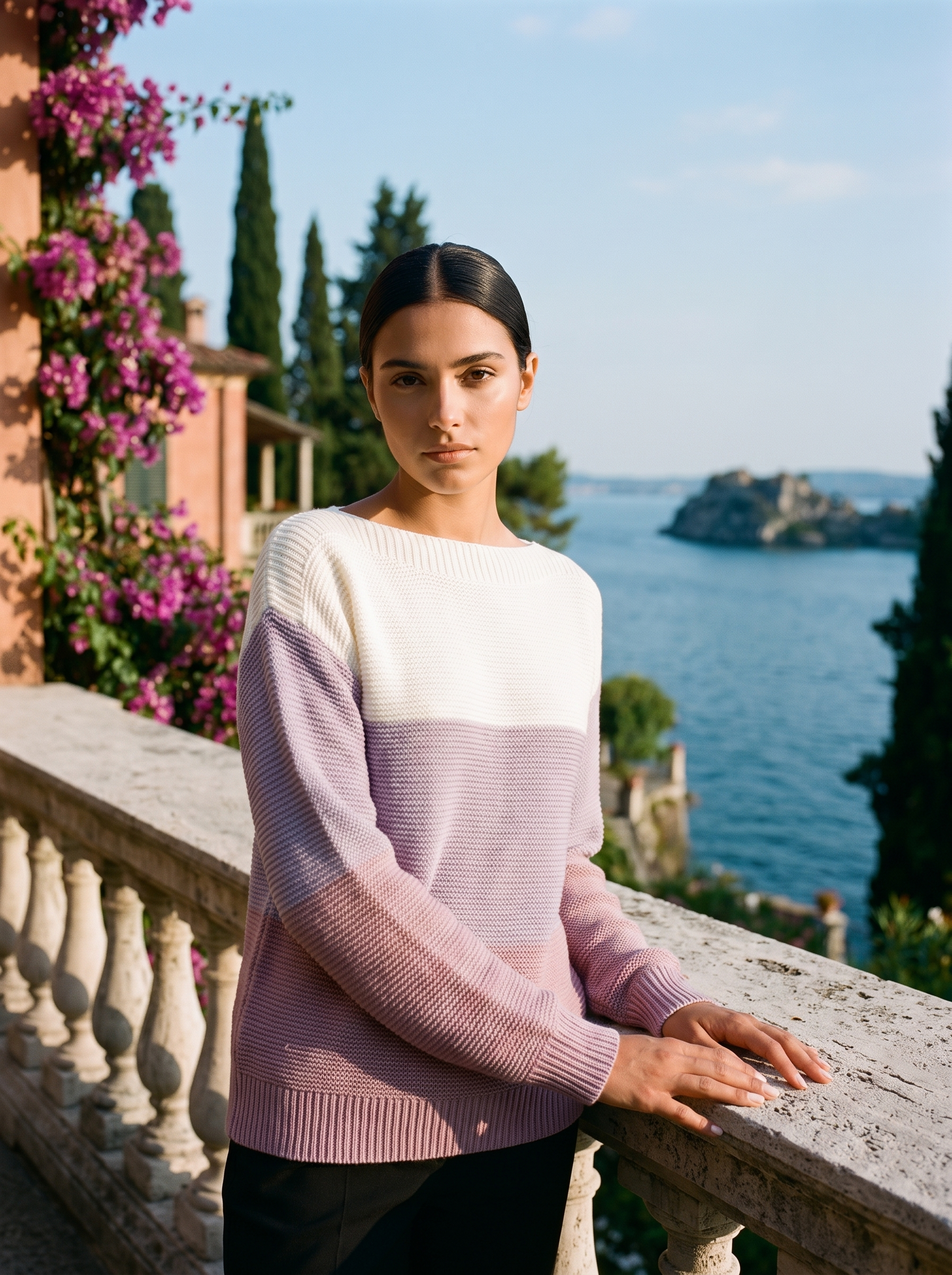 Woman wearing a lavender and mauve colour-block boat neck sweater on a Lake Como terrace — Aveloire