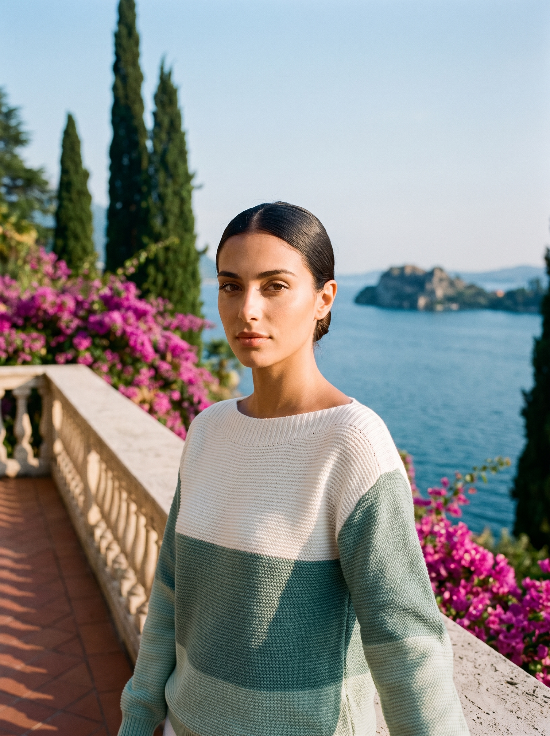 Woman wearing a sage green colour-block boat neck sweater on a Lake Como terrace — Aveloire