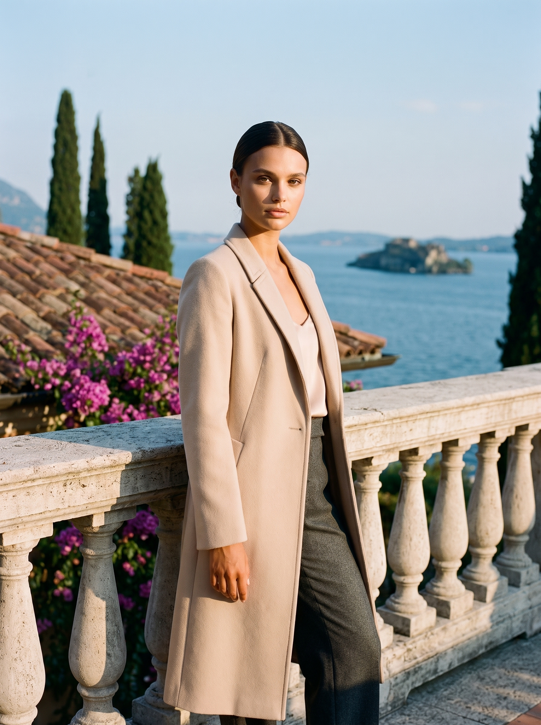 Woman wearing a cream single-button longline wool coat on a Lake Como terrace, old money style — Aveloire