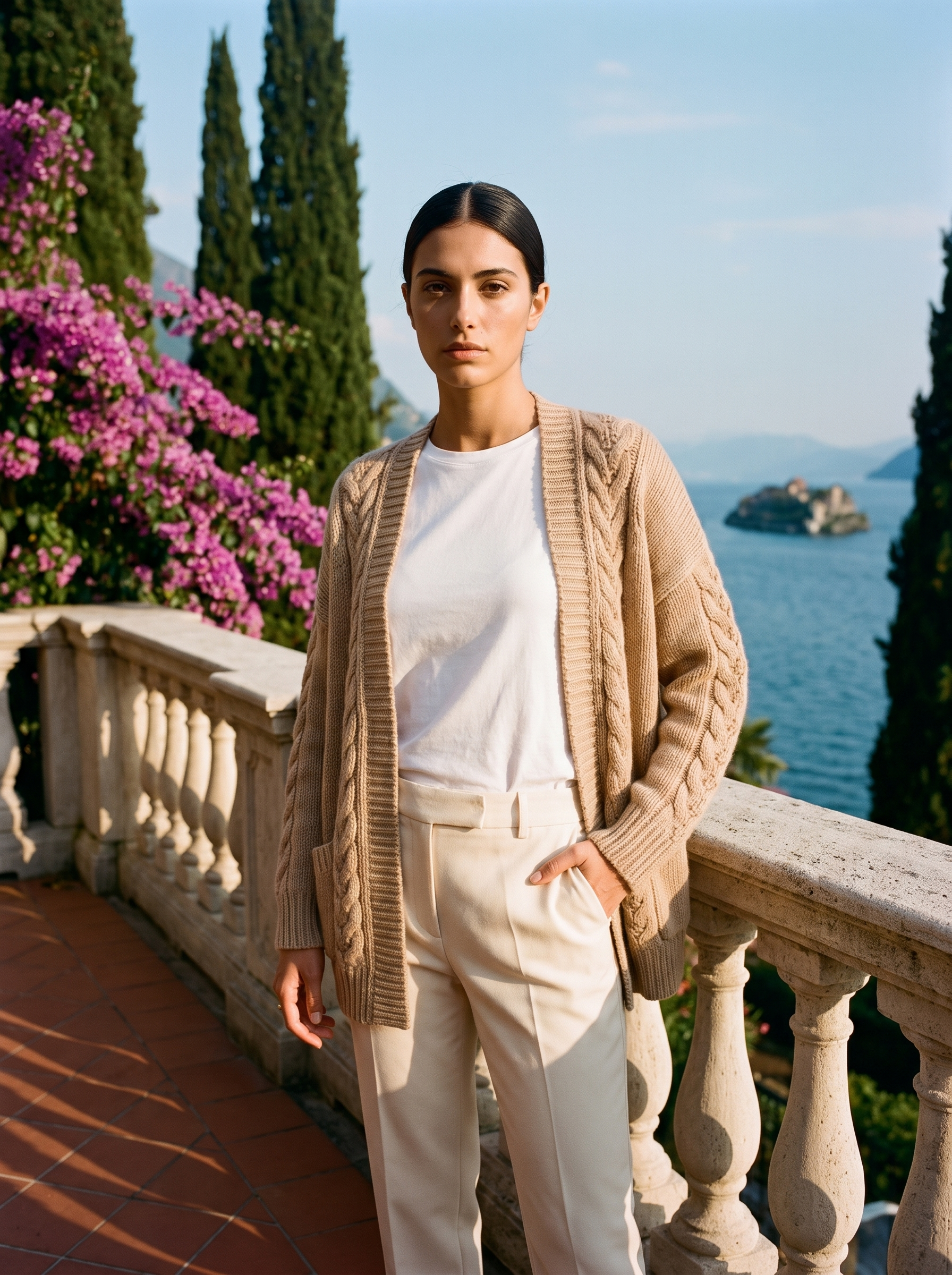 Khaki open-front cardigan, full body front view on a Lake Como terrace — Aveloire