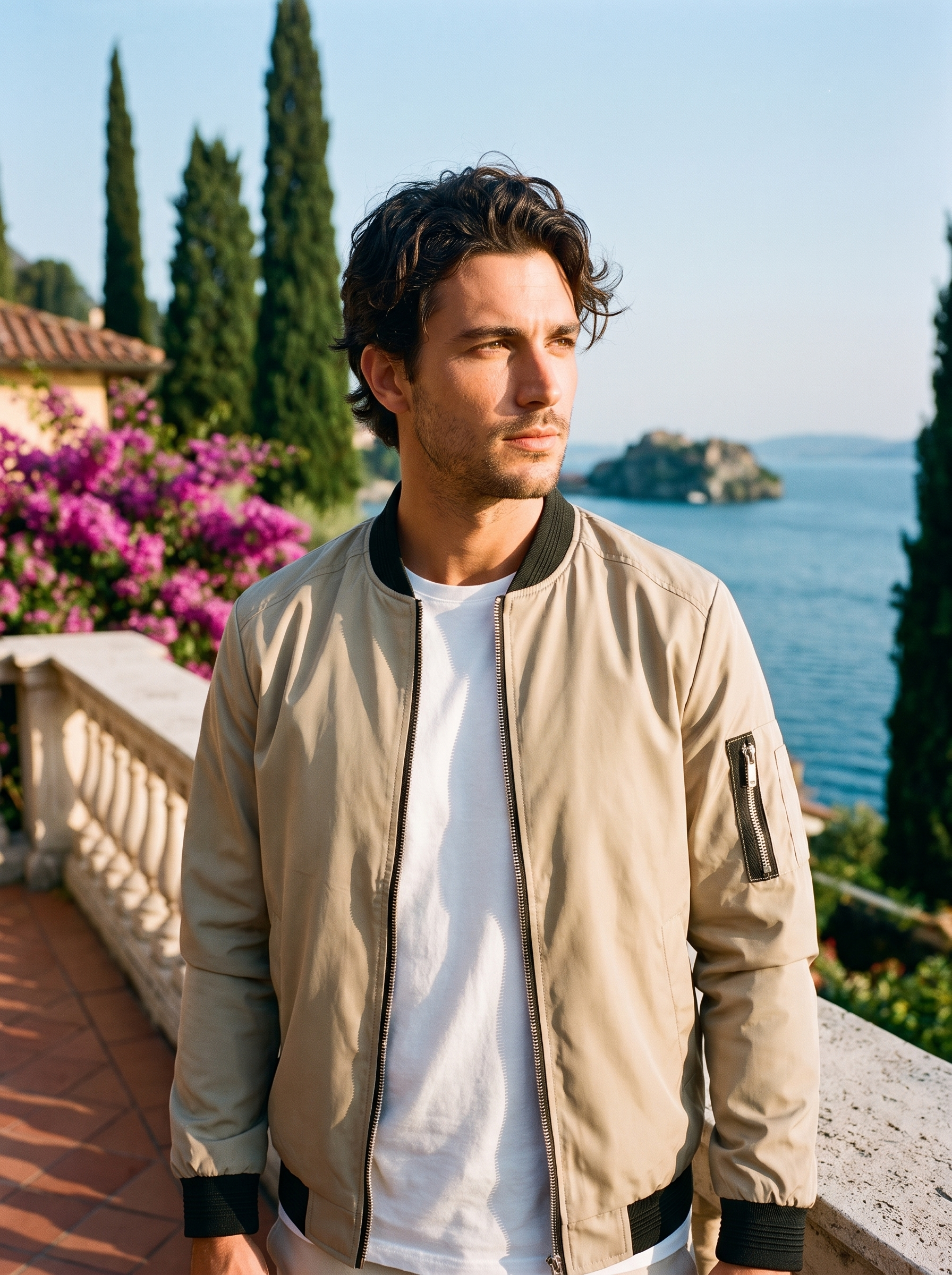 Man wearing beige bomber jacket on a Lake Como terrace — Aveloire