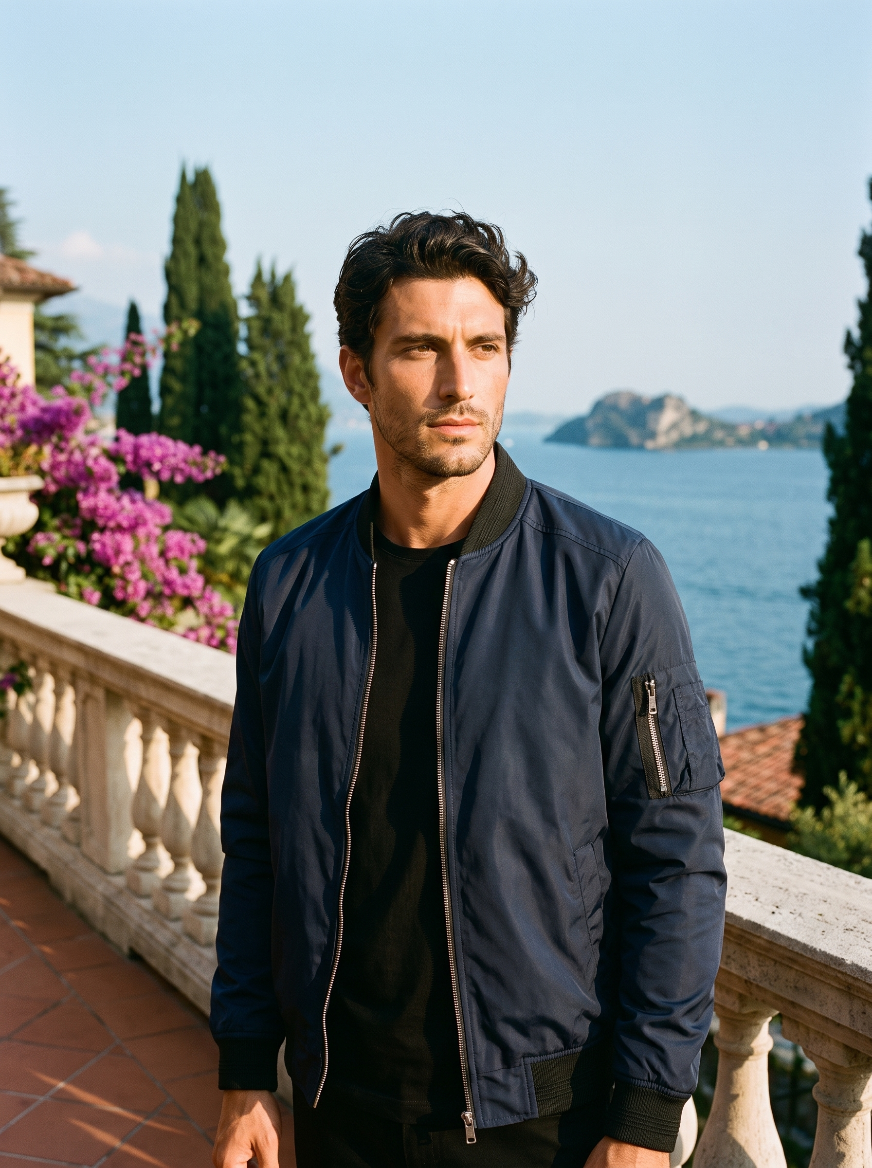 Man wearing blue bomber jacket on a Lake Como terrace — Aveloire