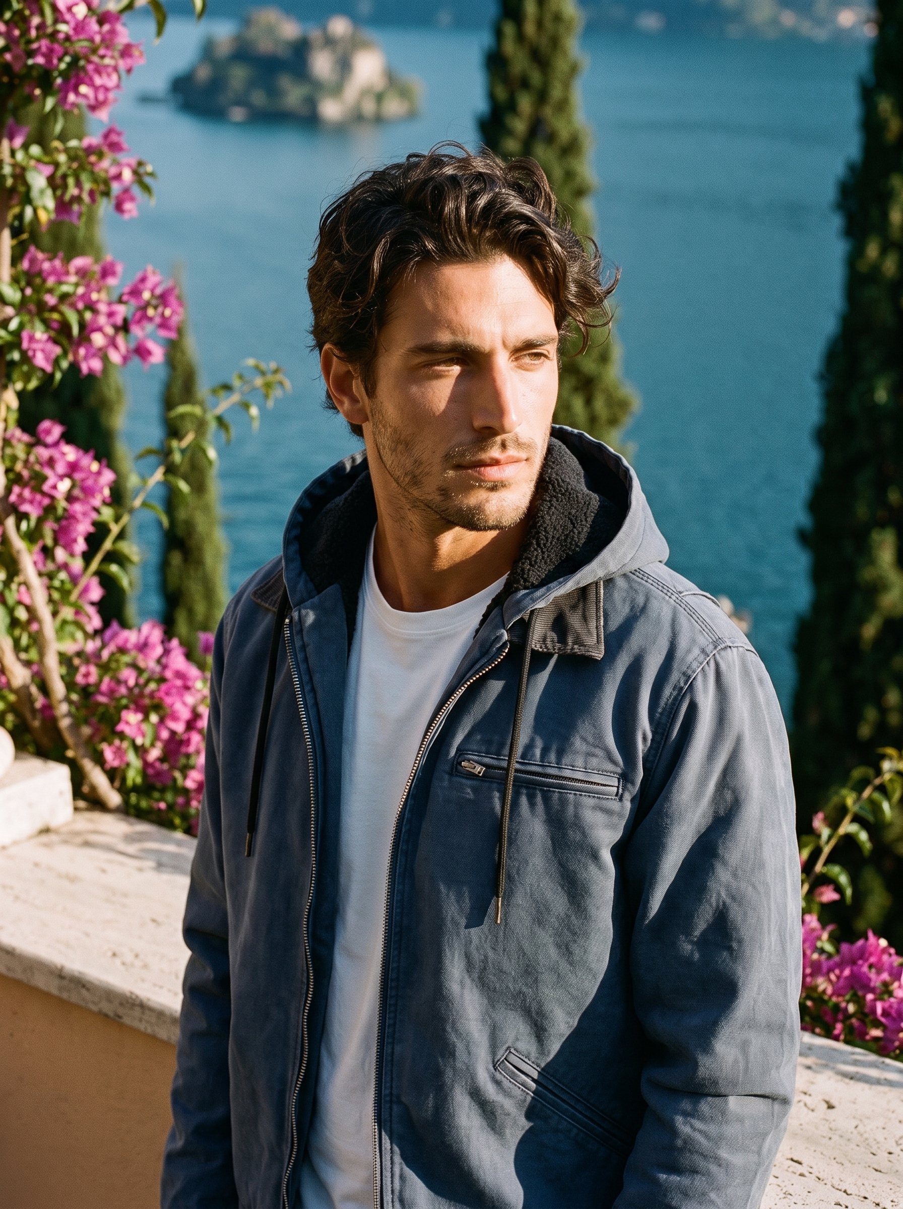 Man wearing a slate blue hooded canvas jacket on a terrace overlooking Lake Como, old money style — Aveloire