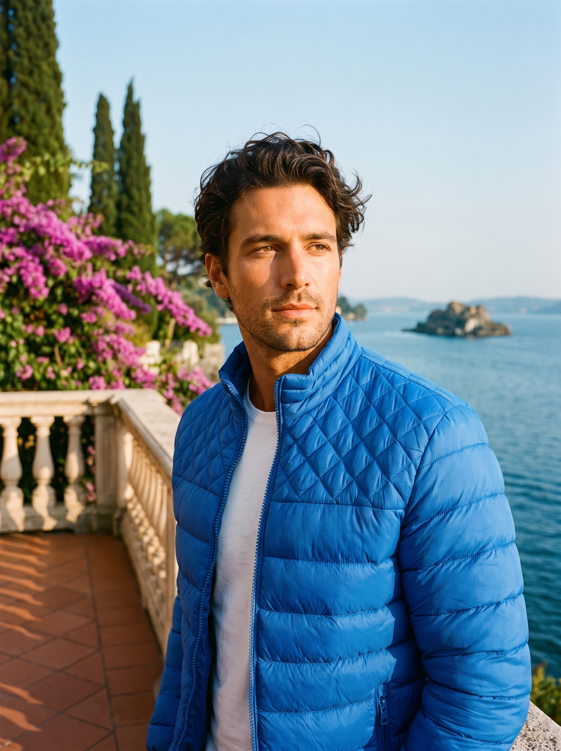 Man wearing blue stand collar puffer jacket on a Lake Como terrace — Aveloire
