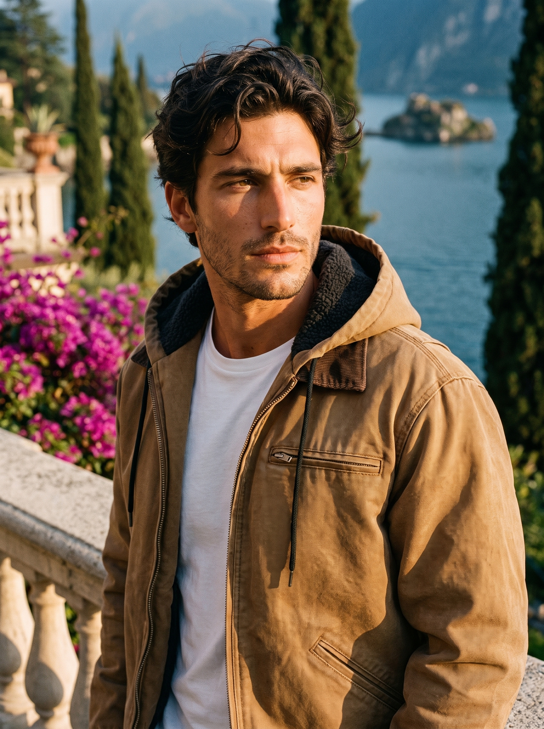 Man wearing a brown hooded canvas jacket on a terrace overlooking Lake Como, old money style — Aveloire