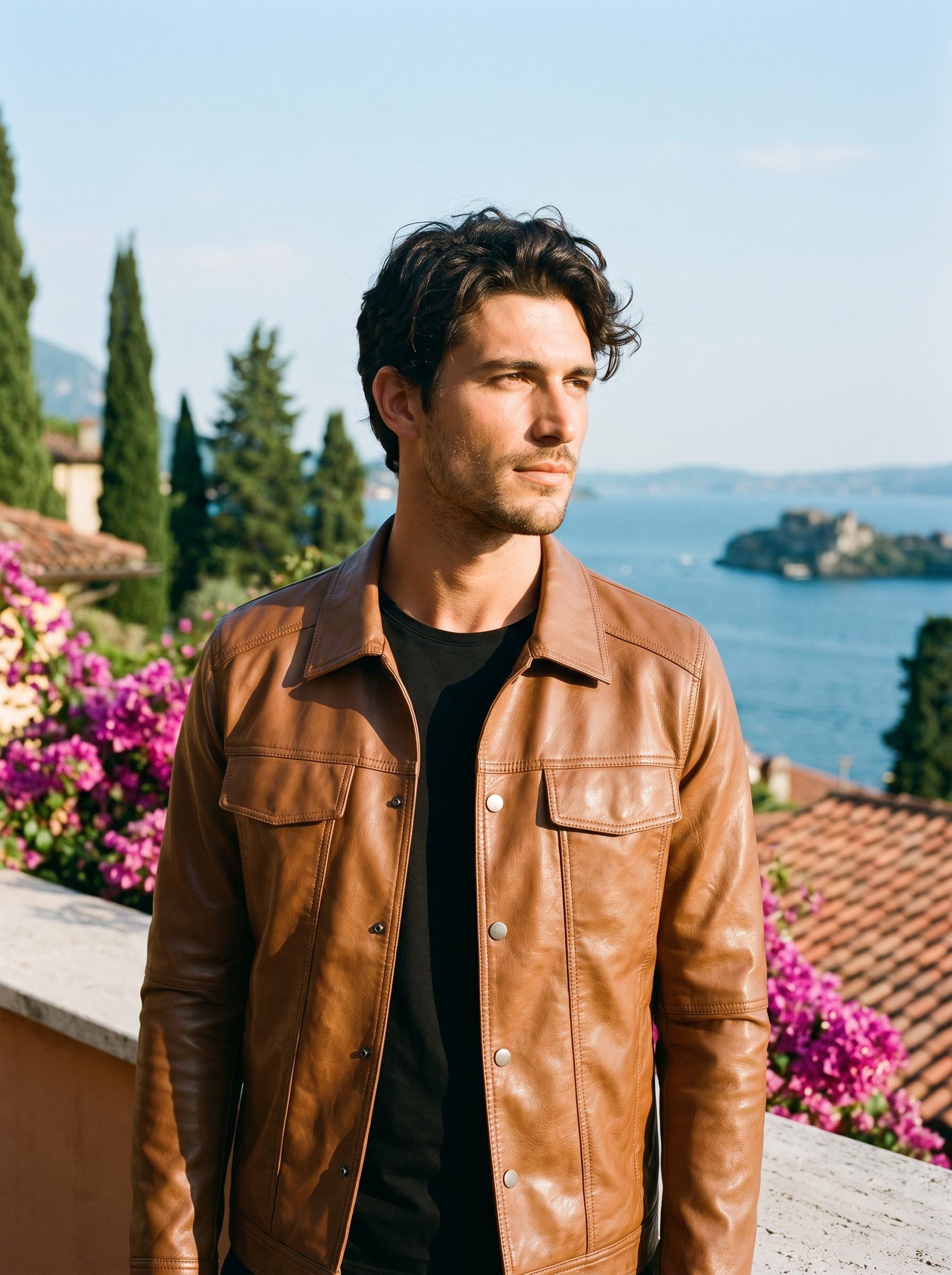 Man wearing brown leather trucker jacket on a Lake Como terrace — Aveloire