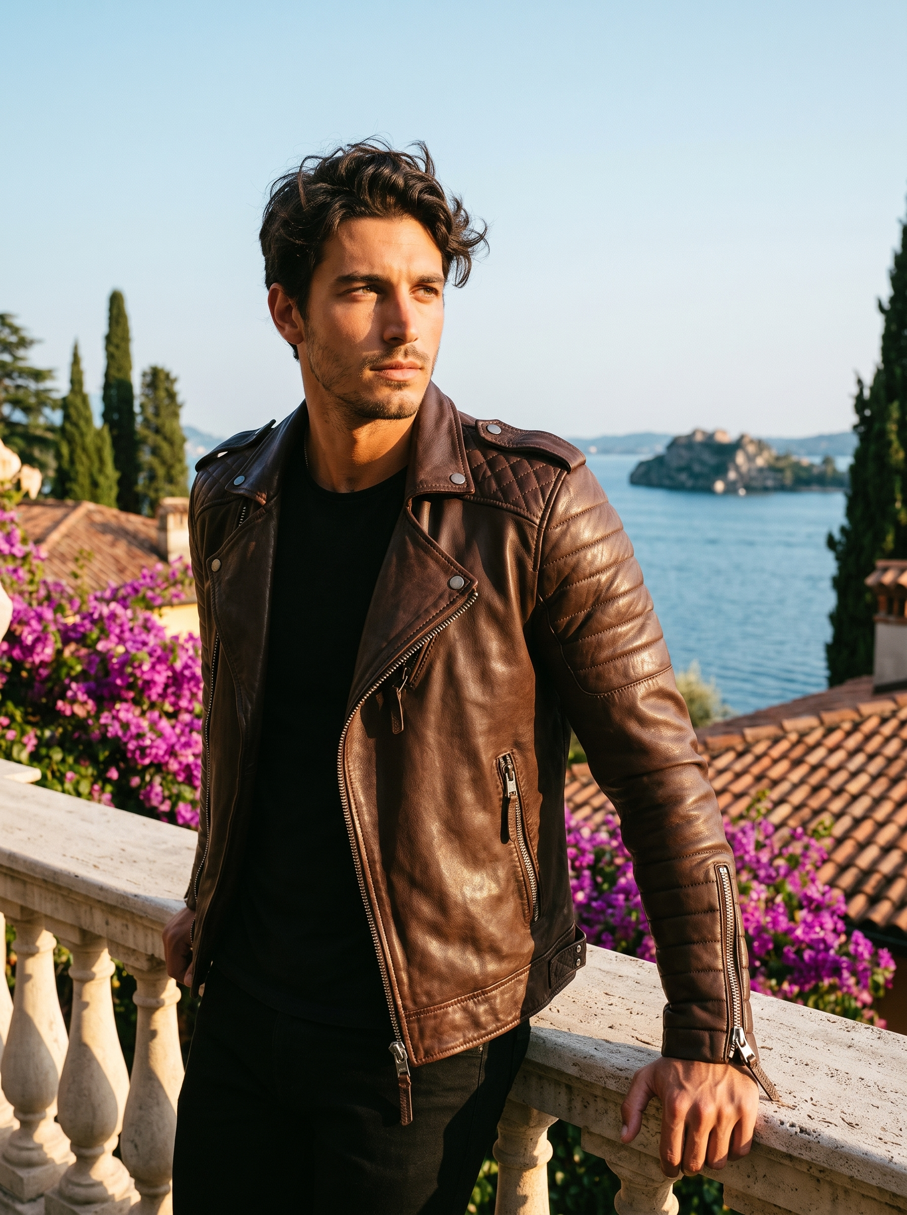 Man wearing brown slim fit biker jacket on a Lake Como terrace — Aveloire