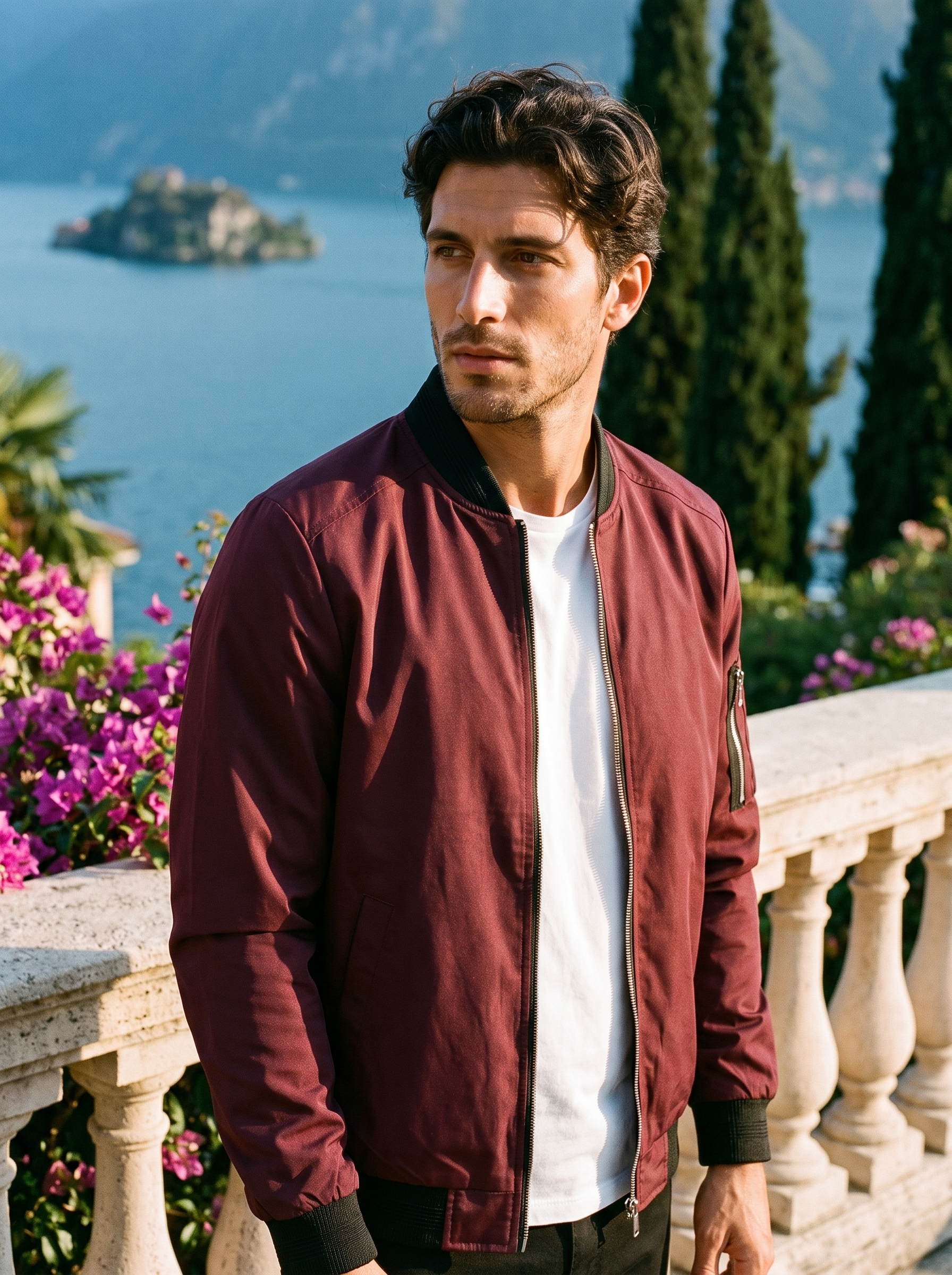 Man wearing a burgundy bomber jacket on a terrace overlooking Lake Como, old money style — Aveloire