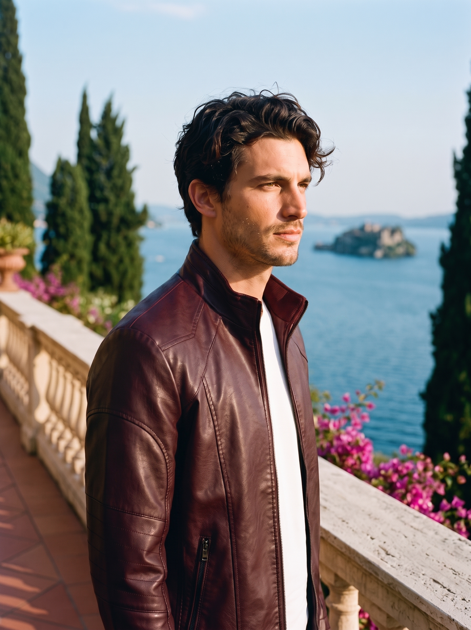 Man wearing burgundy faux-leather full-zip jacket on a Lake Como terrace