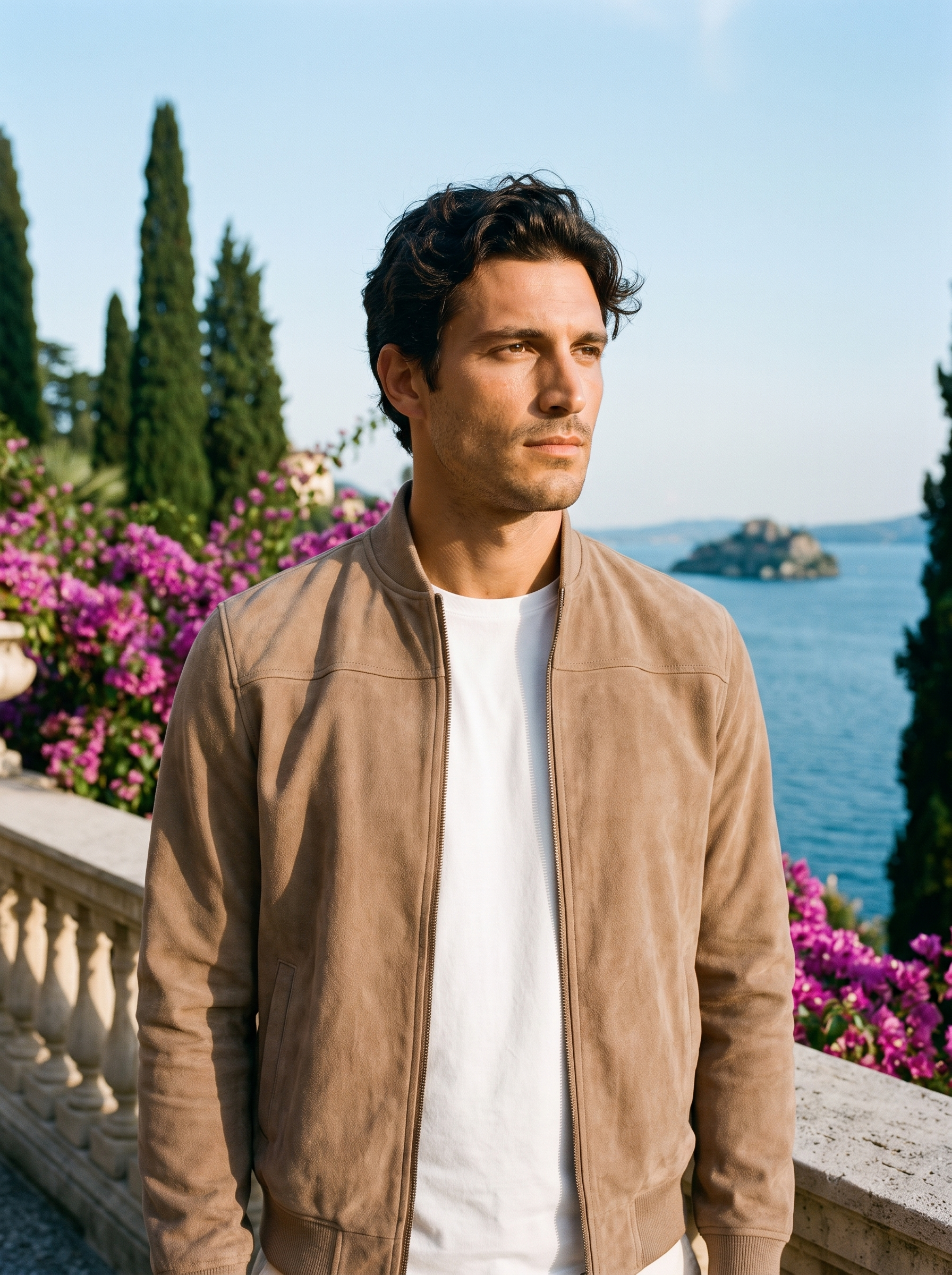 Man wearing a camel suede bomber jacket on a terrace overlooking Lake Como, old money style — Aveloire