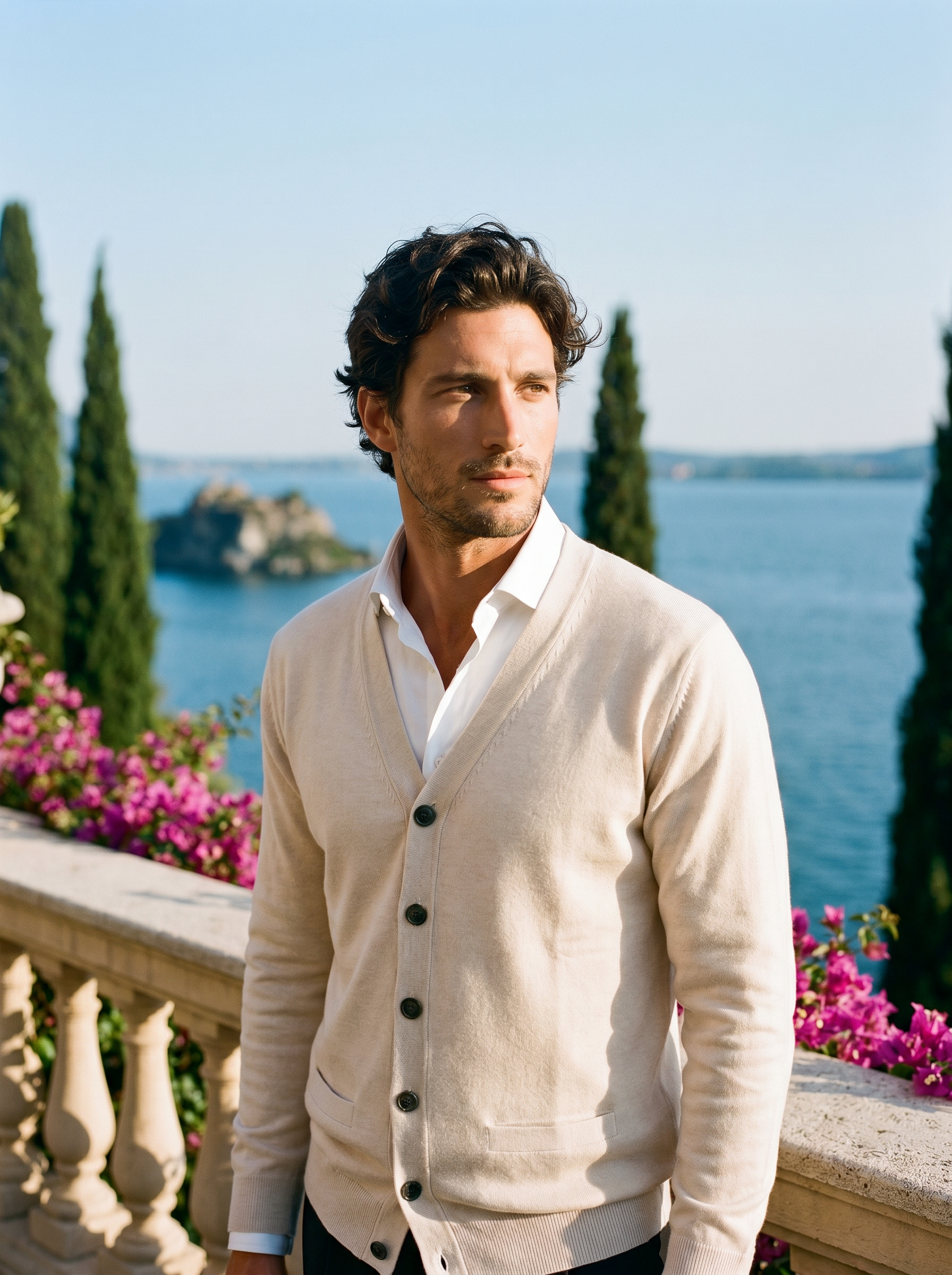 Man wearing a cream V-neck button cardigan on a terrace overlooking Lake Como, old money style — Aveloire