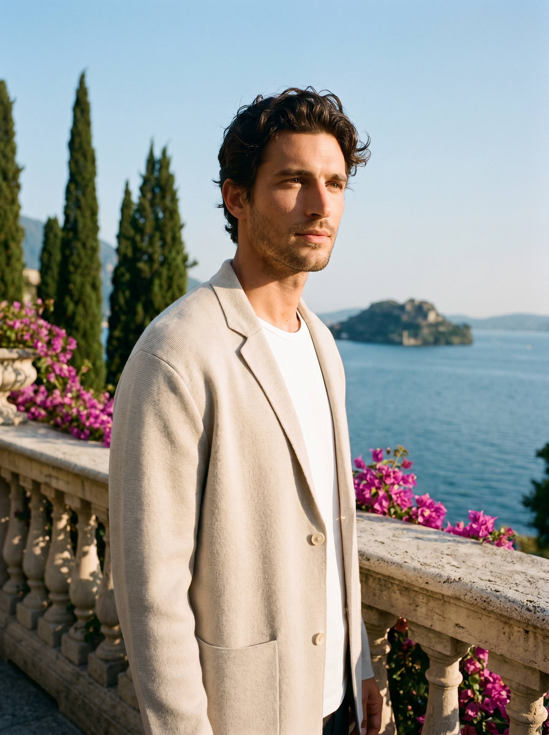 Man wearing a cream wool blazer cardigan on a terrace overlooking Lake Como, old money style — Aveloire