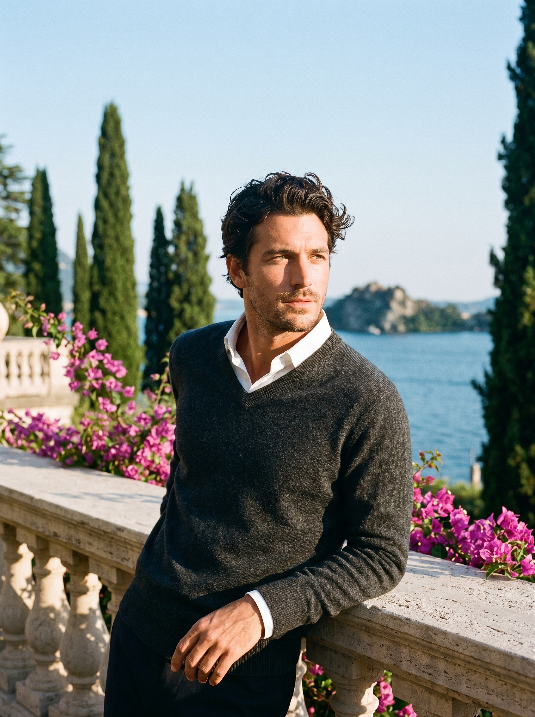 Man wearing a dark gray wool V-neck sweater over a white shirt on a terrace overlooking Lake Como — Aveloire