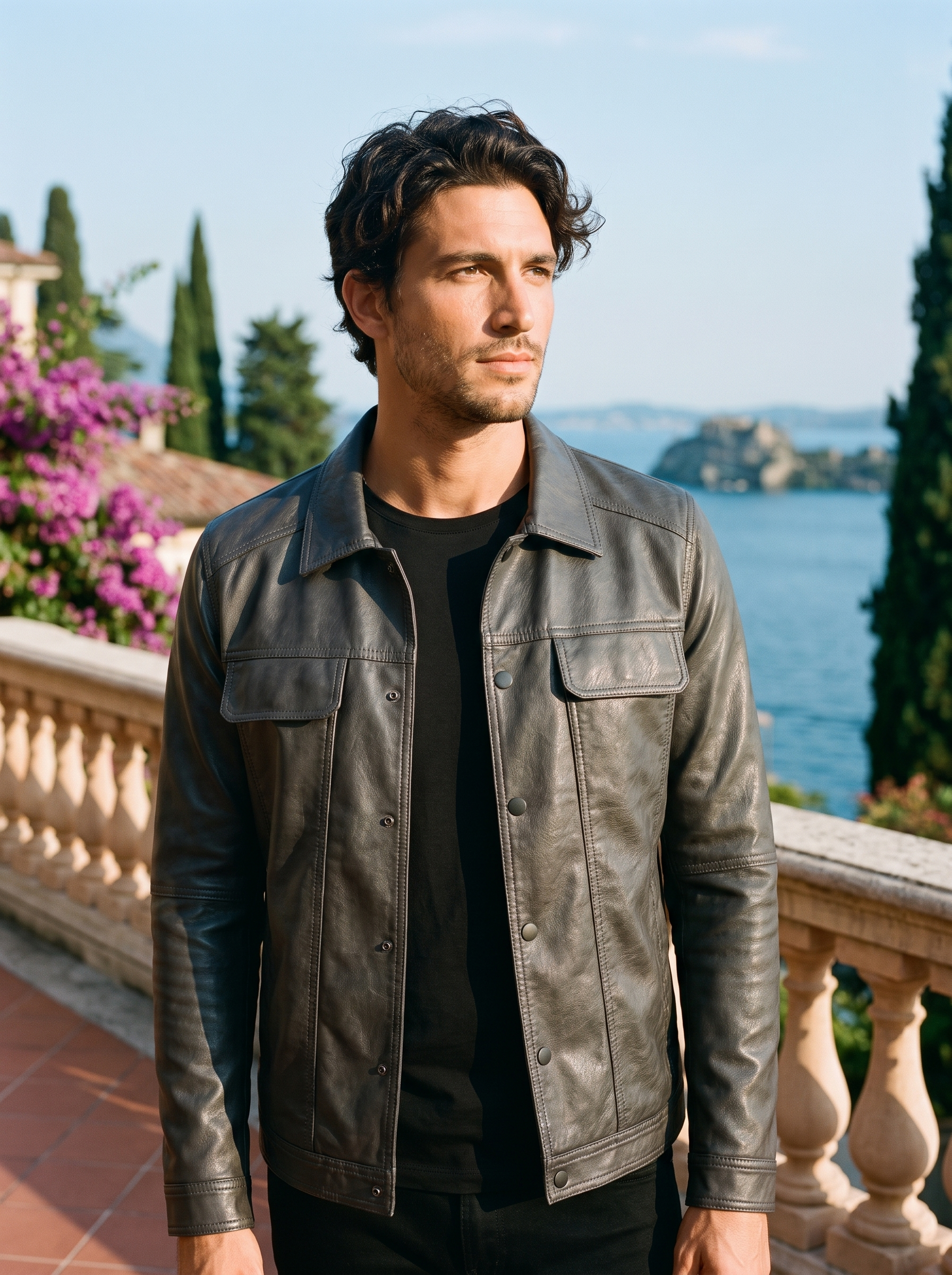 Man wearing dark grey leather trucker jacket on a Lake Como terrace — Aveloire