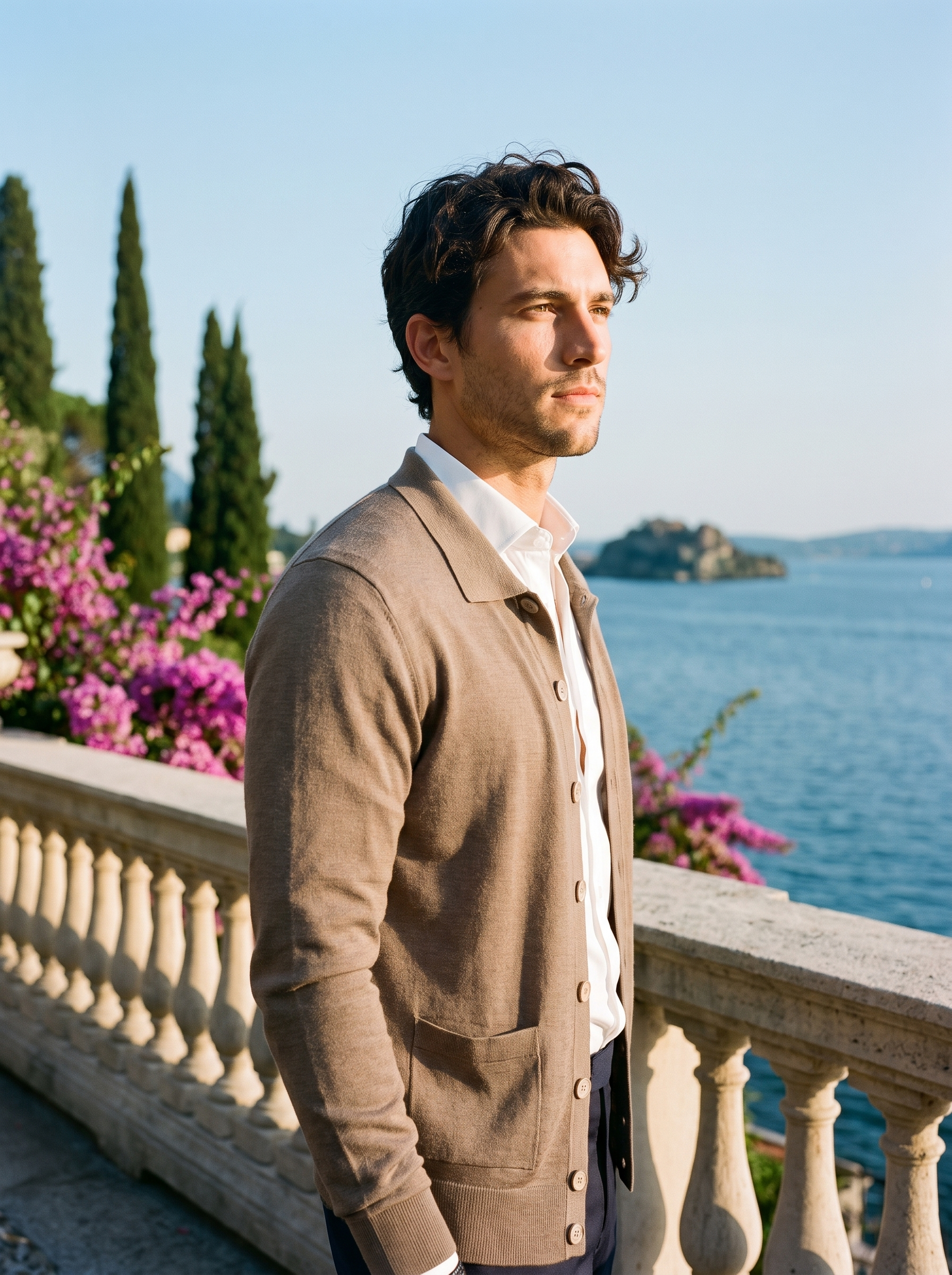 Man wearing a khaki button-up collared cardigan on a terrace overlooking Lake Como, old money style — Aveloire