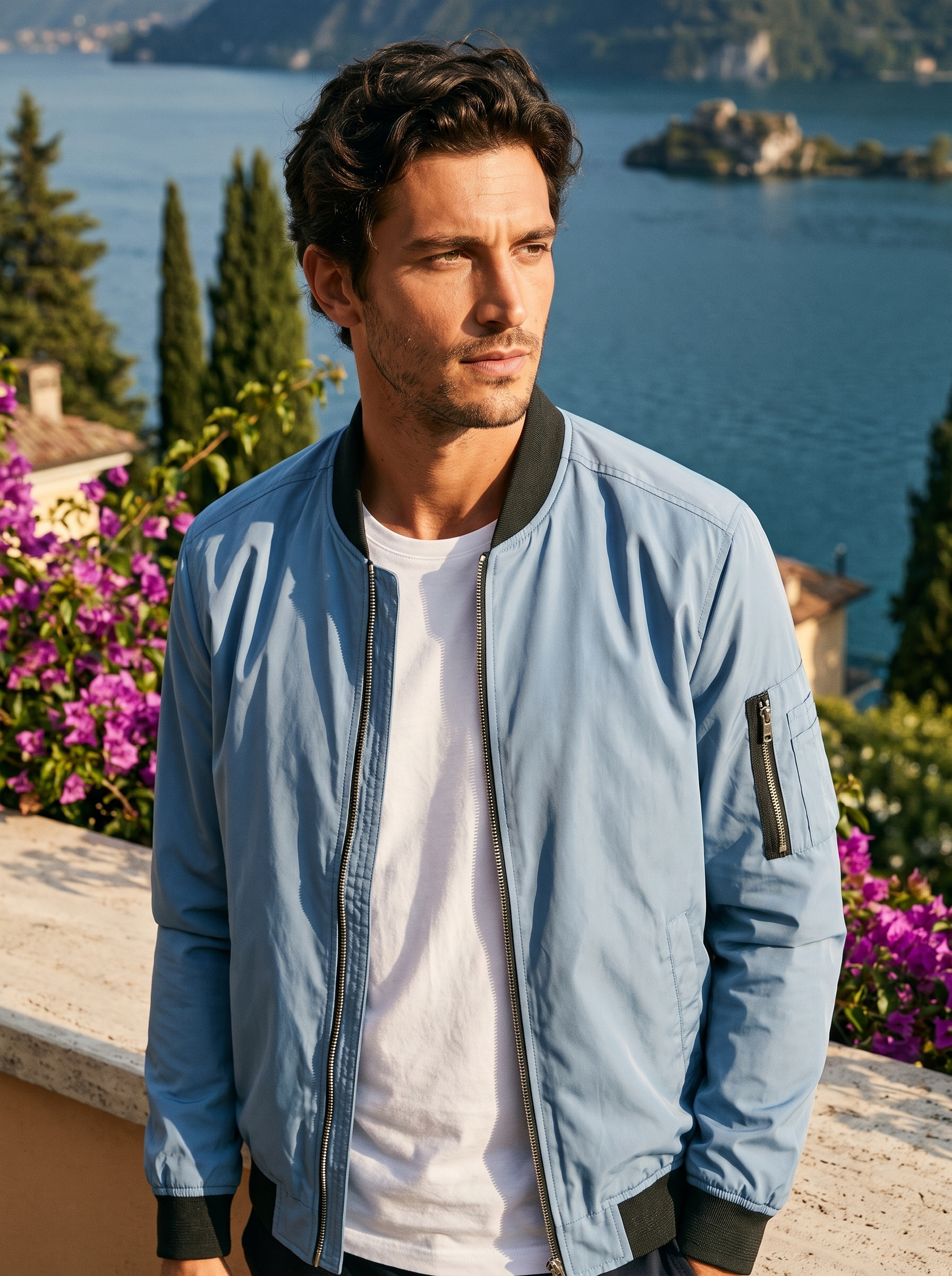 Man wearing a light blue bomber jacket on a terrace overlooking Lake Como, old money style — Aveloire