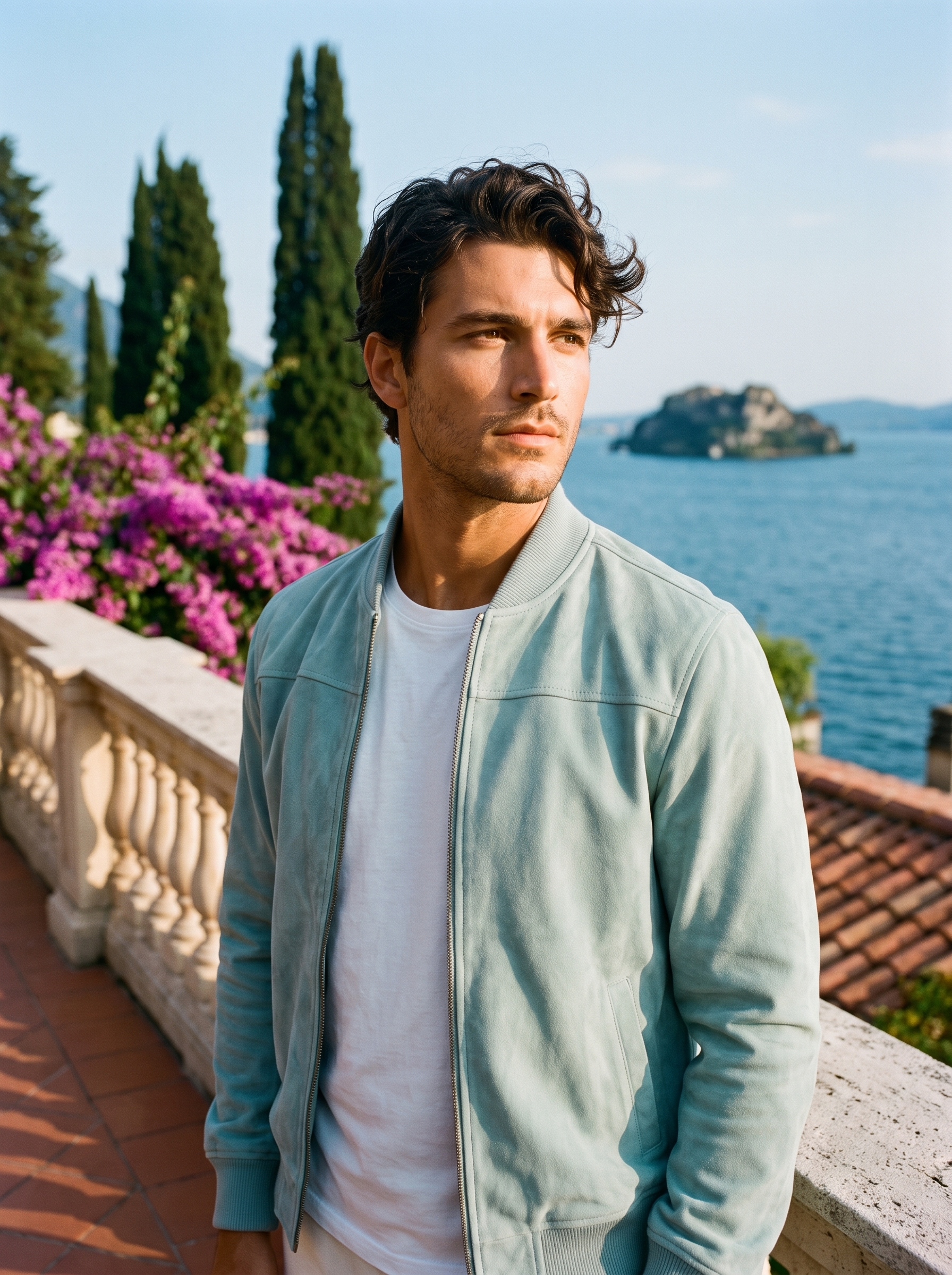 Man wearing mint blue suede bomber jacket on a Lake Como terrace — Aveloire