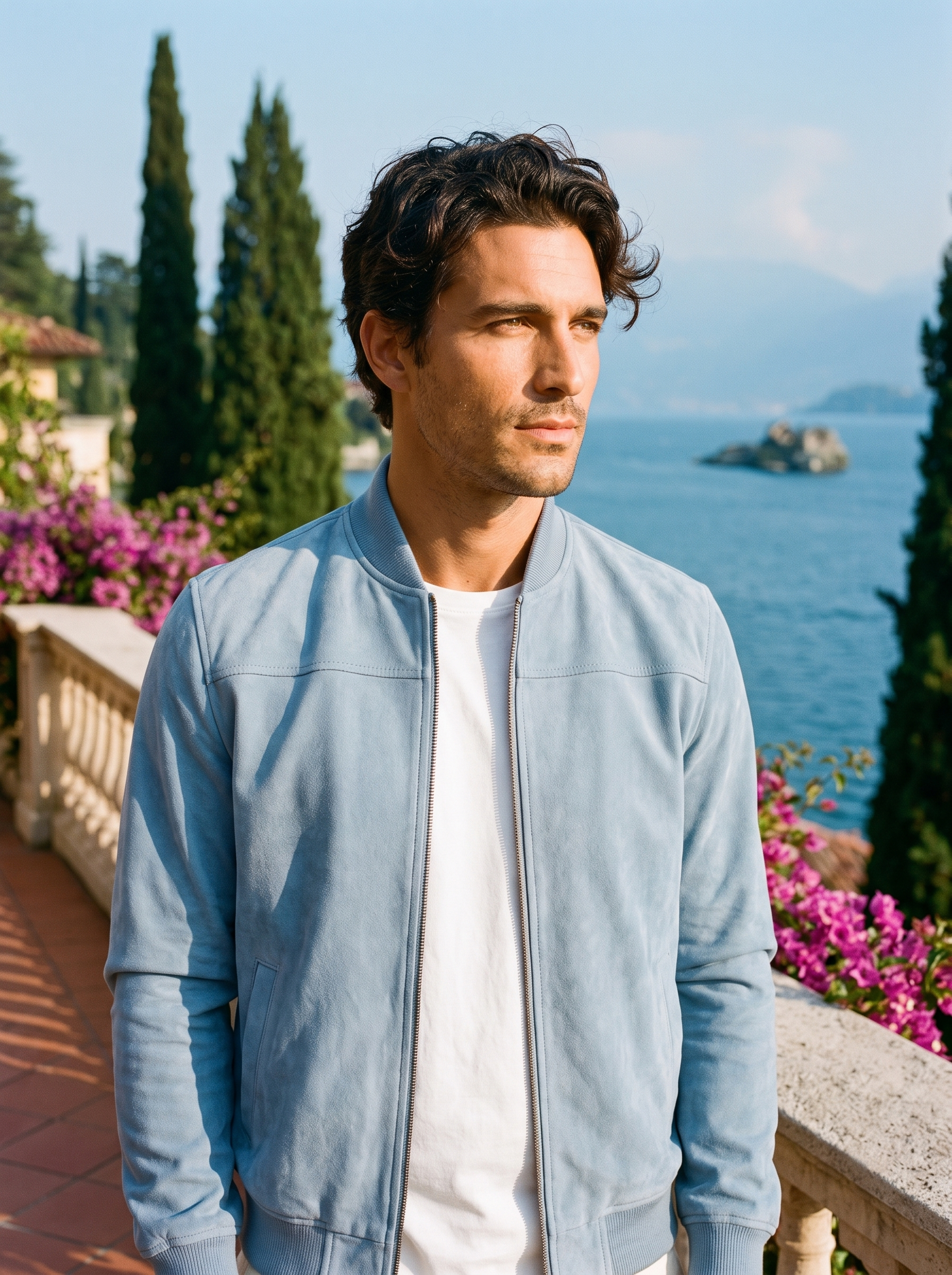 Man wearing powder blue suede bomber jacket on a Lake Como terrace — Aveloire