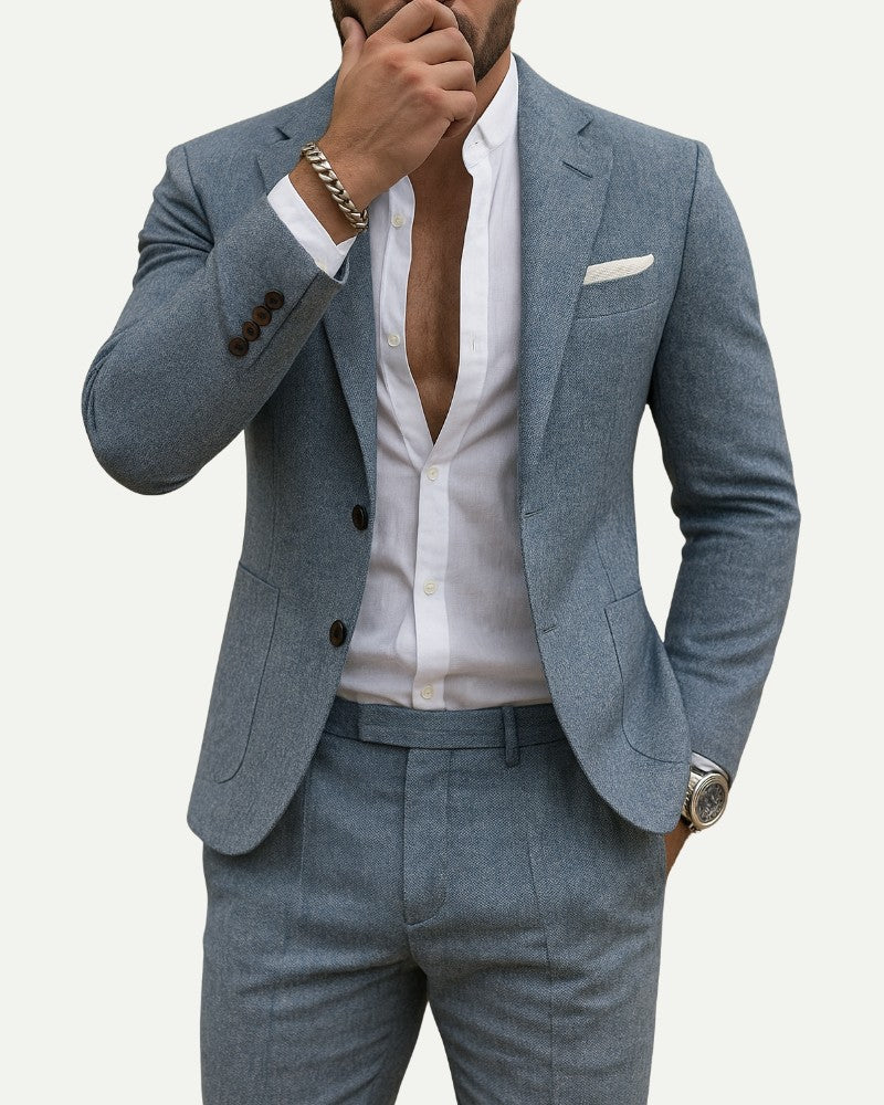 Men's Two-Piece Matching Set in Blue – Flat Lapel, Nylon Blend | Aveloire