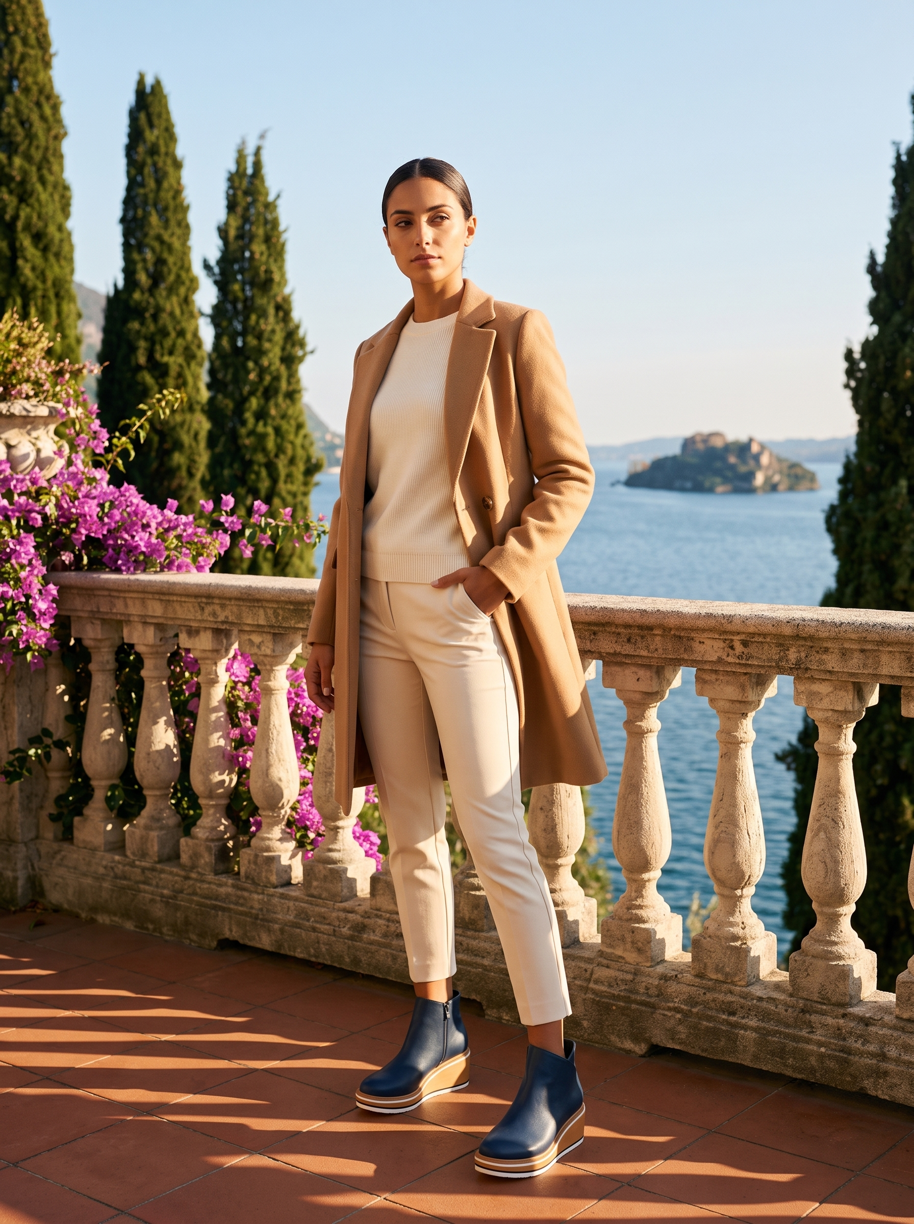 Full body front view of navy wedge ankle boots with cream trousers and camel coat — Aveloire