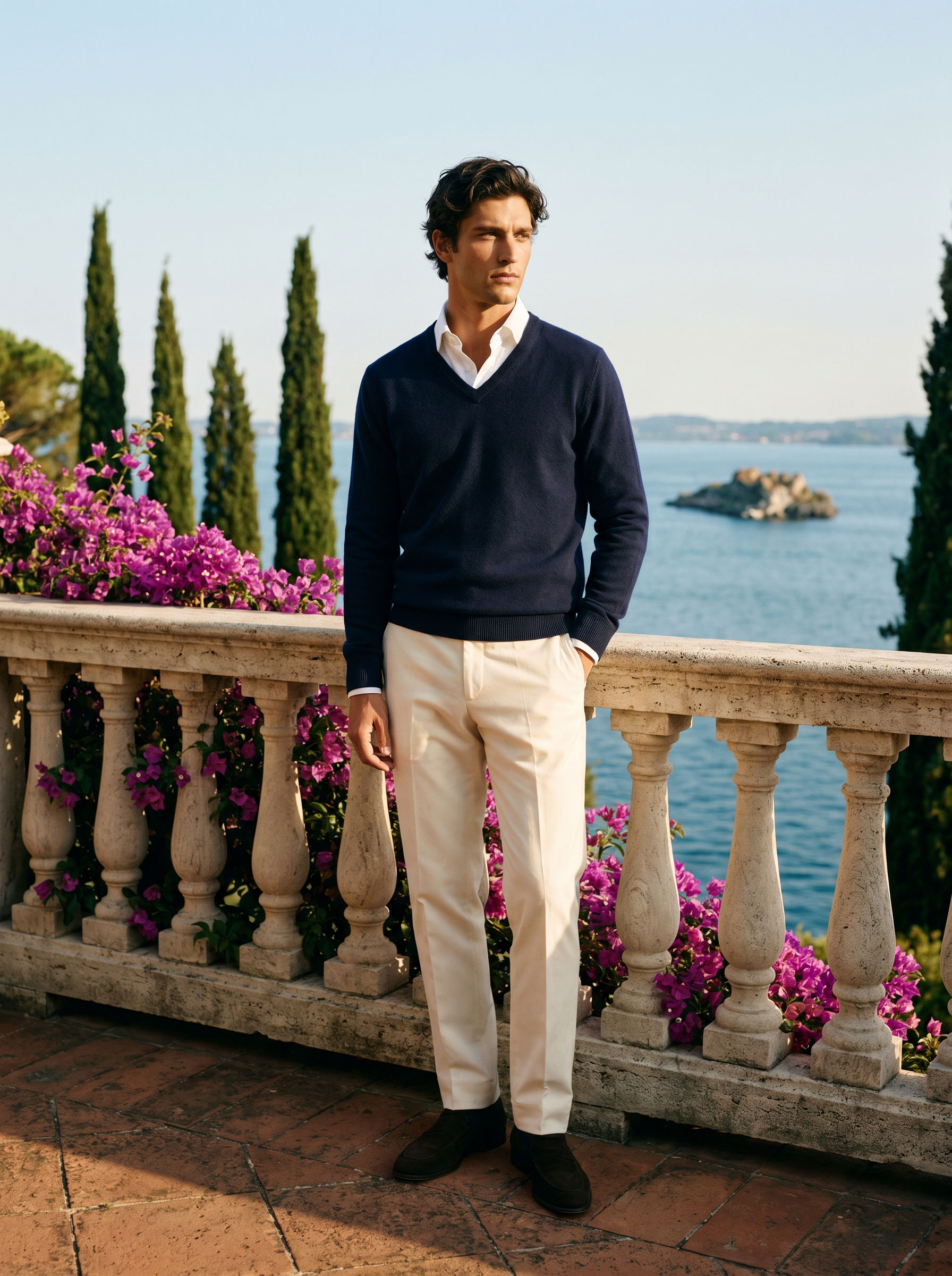 Full body front view of a man in a navy wool V-neck sweater and cream trousers at Lake Como — Aveloire