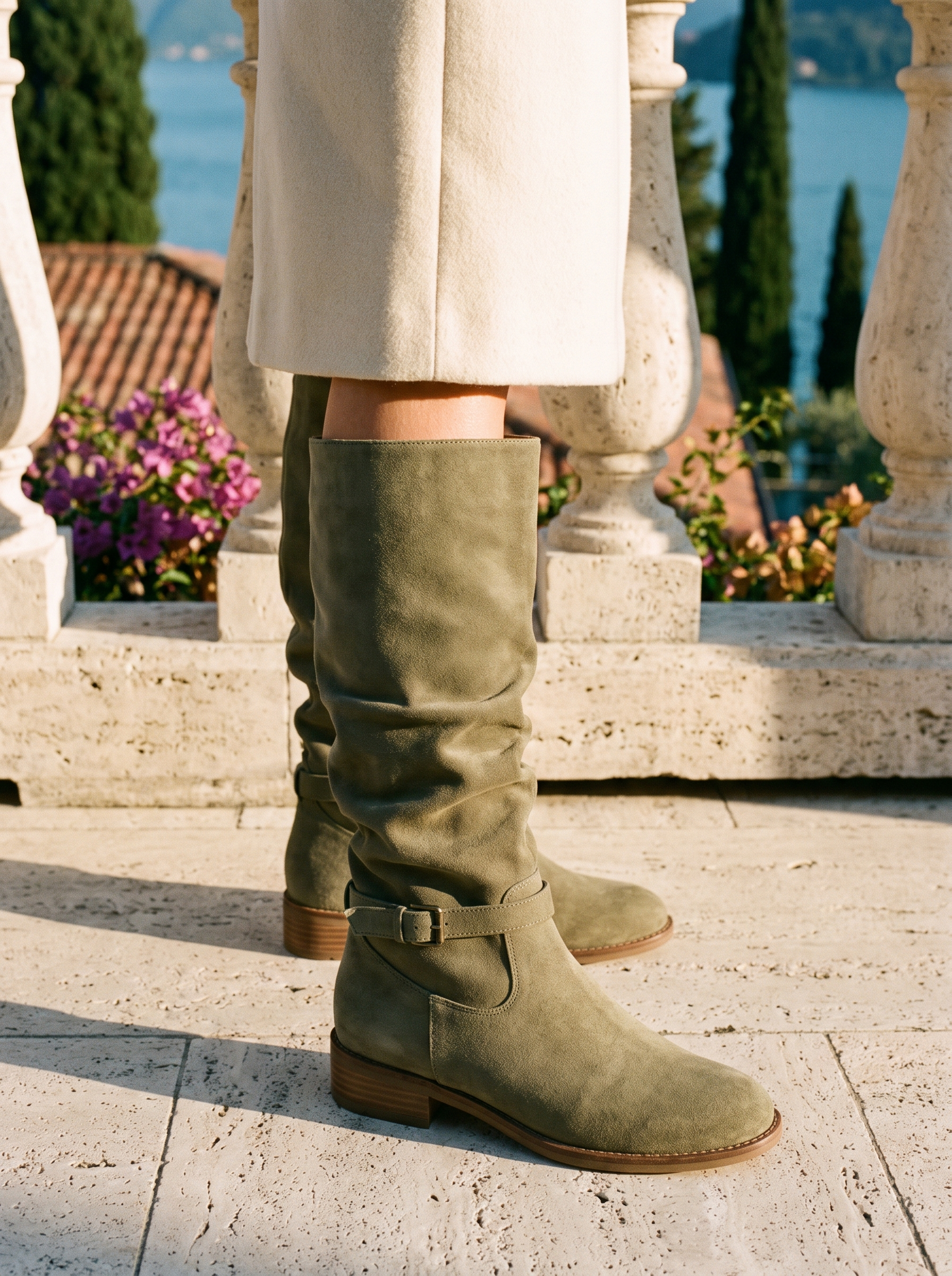 Olive suede-look slouch knee high boots with buckled ankle strap