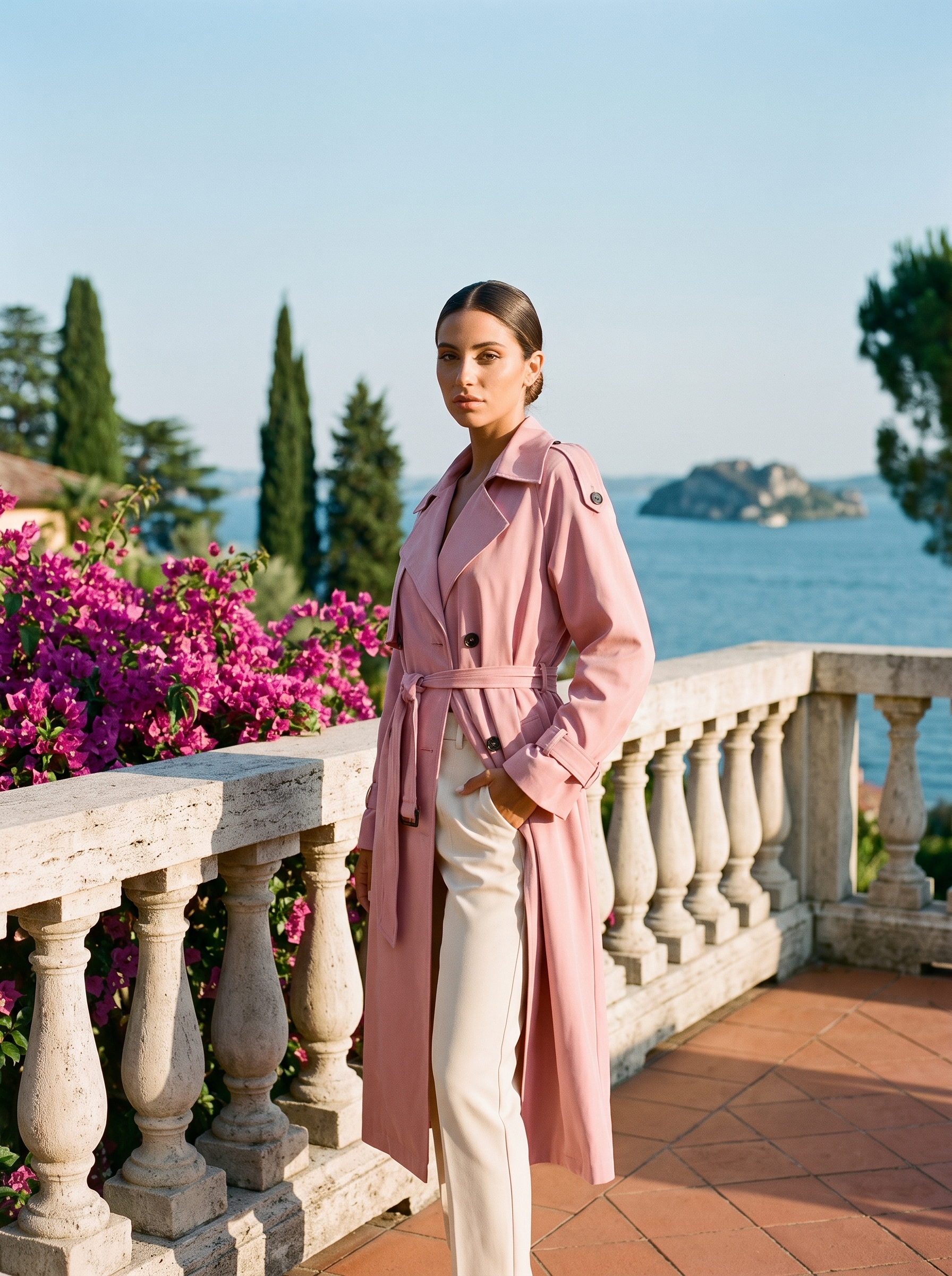 Pink lightweight trench coat full body front view — Aveloire