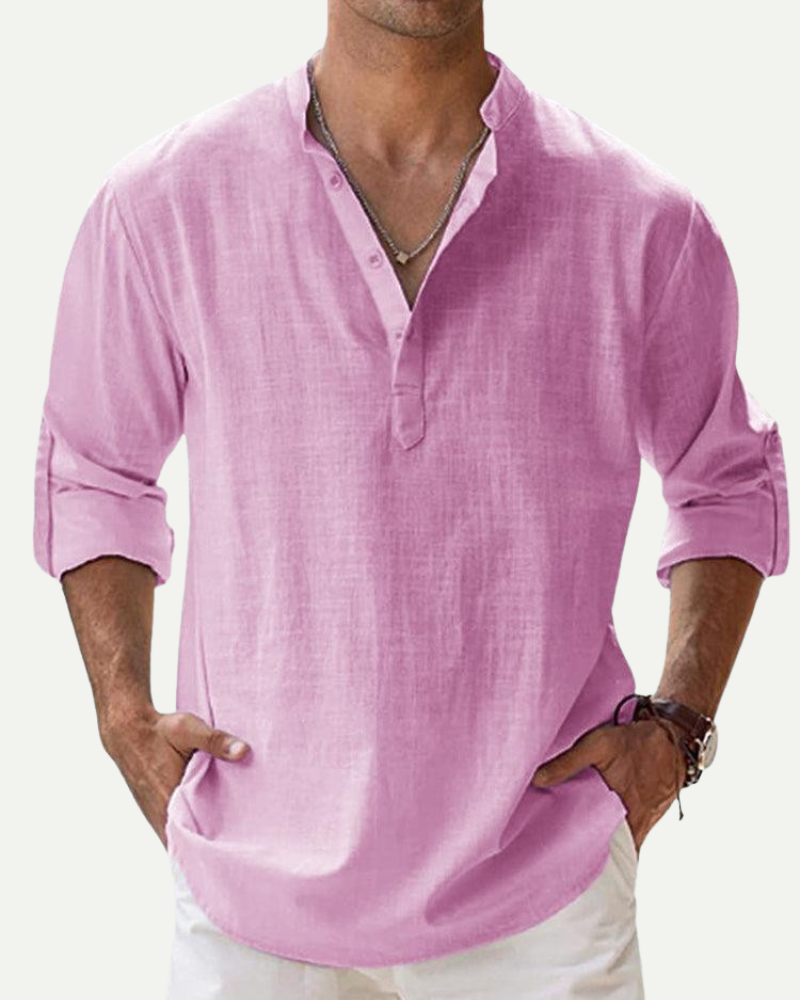 Men’s pink linen pullover shirt relaxed fit worn on model front view