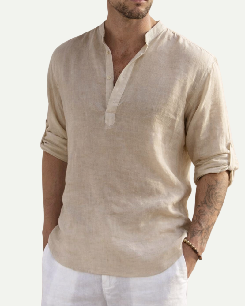 Men's Stand Collar Cotton Pullover Shirt in Beige – Loose Fit Long Sleeve | Aveloire