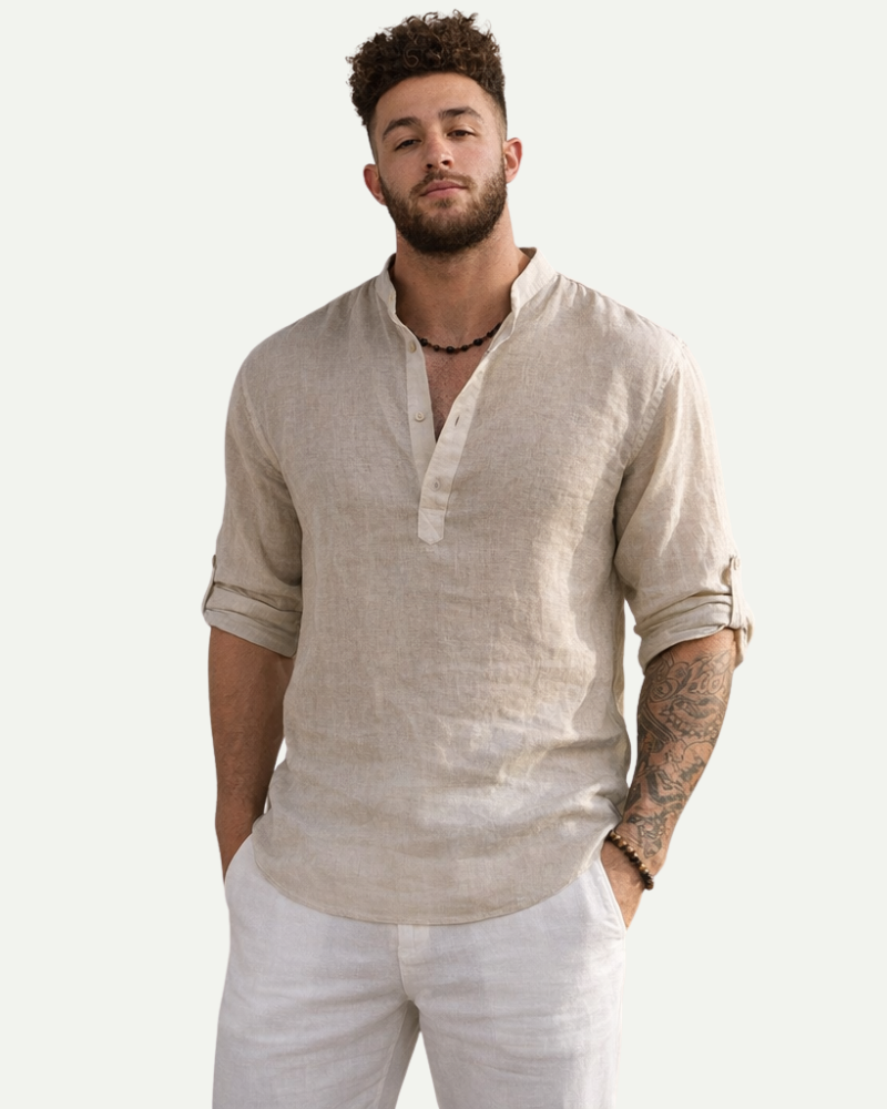 Men's Stand Collar Cotton Pullover Shirt in Beige – Loose Fit Long Sleeve | Aveloire
