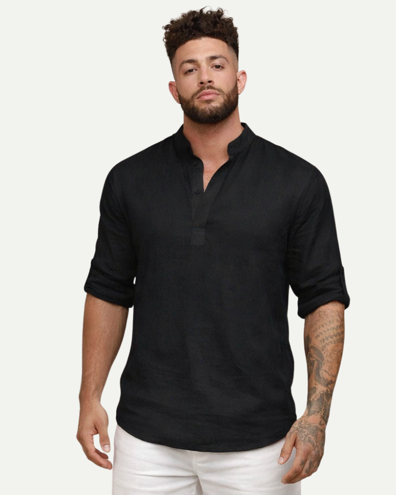 Men's Stand Collar Cotton Pullover Shirt in Black – Loose Fit Long Sleeve | Aveloire