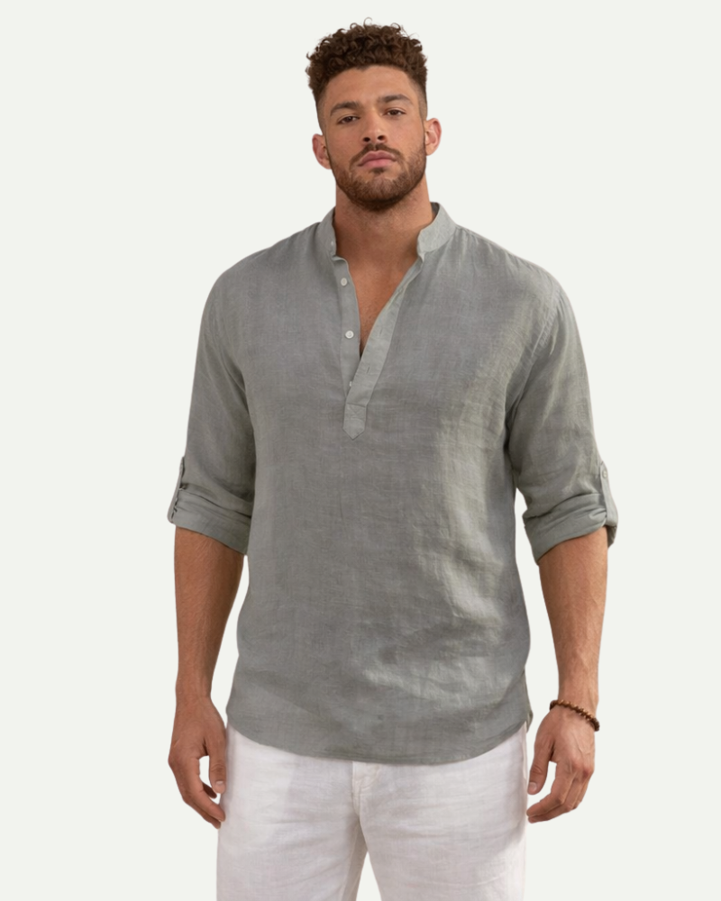 Men's Stand Collar Cotton Pullover Shirt in Gray – Loose Fit Long Sleeve | Aveloire